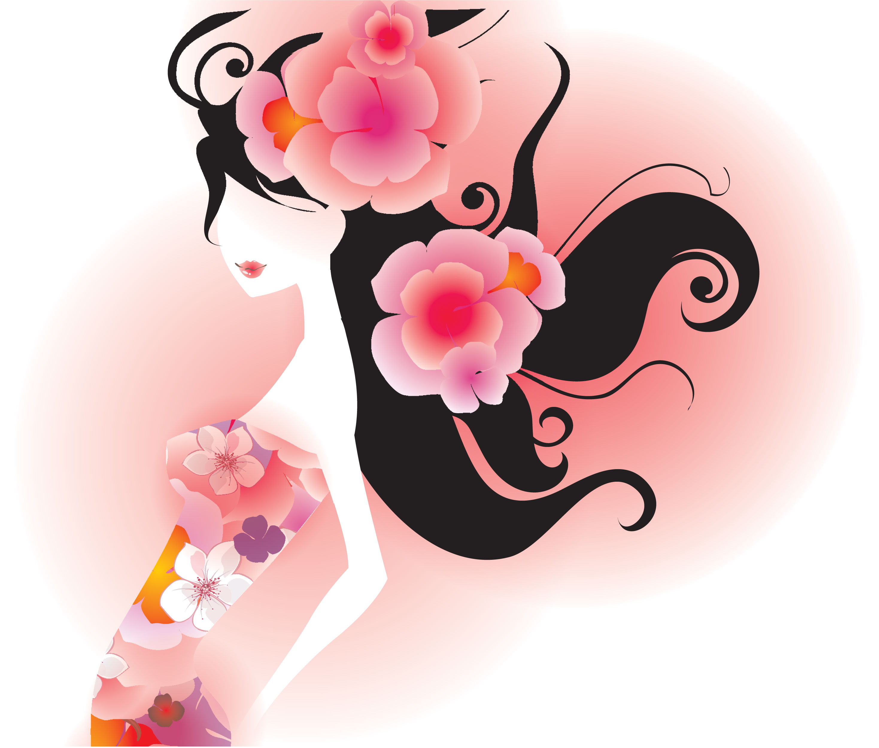 花のイラスト・フリー素材／壁紙・背景No.215『女性・黒髪・ピンク』