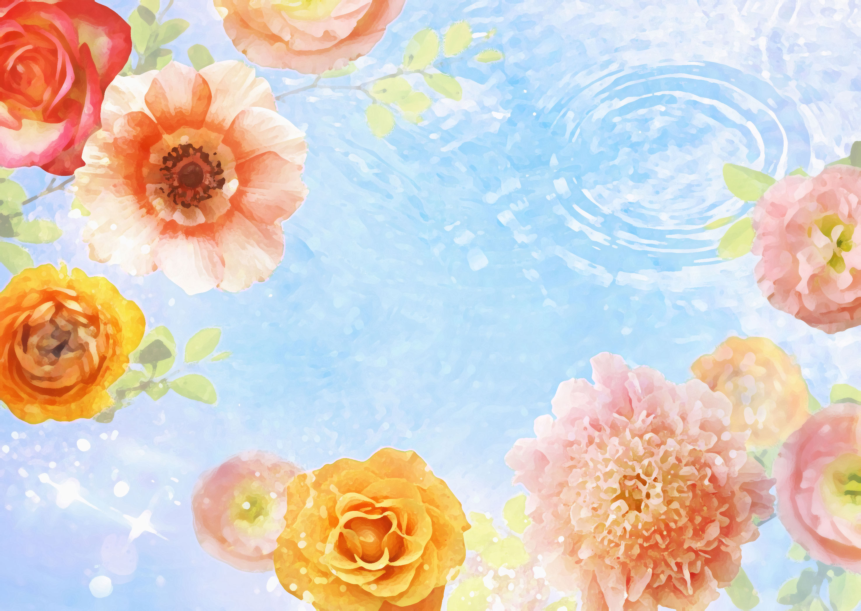花のイラスト・フリー素材／壁紙・背景No.115『カラフルフラワー・水面』