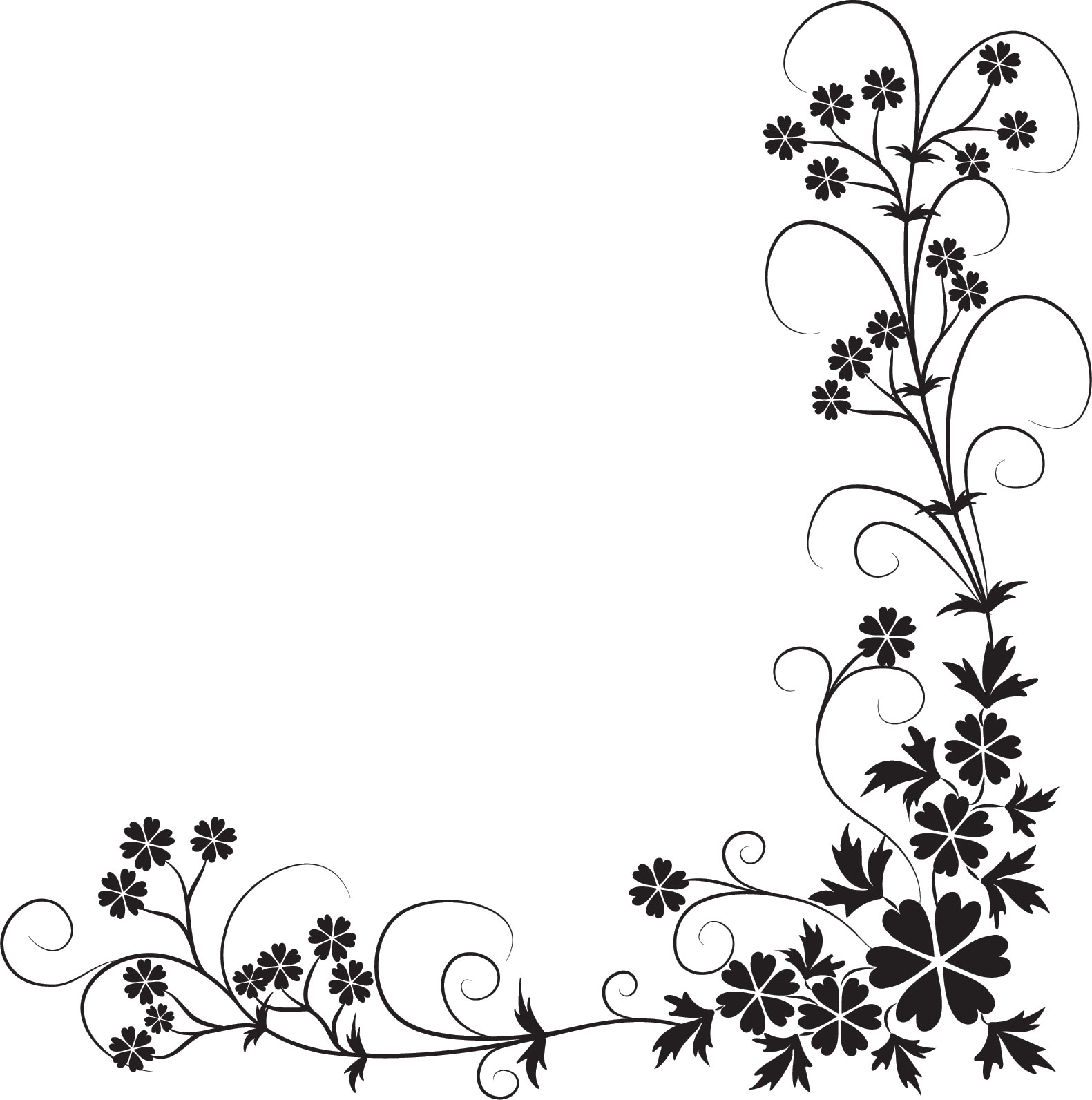 花のイラスト・フリー素材／コーナーライン・角No.128『白黒・茎葉・コーナー』
