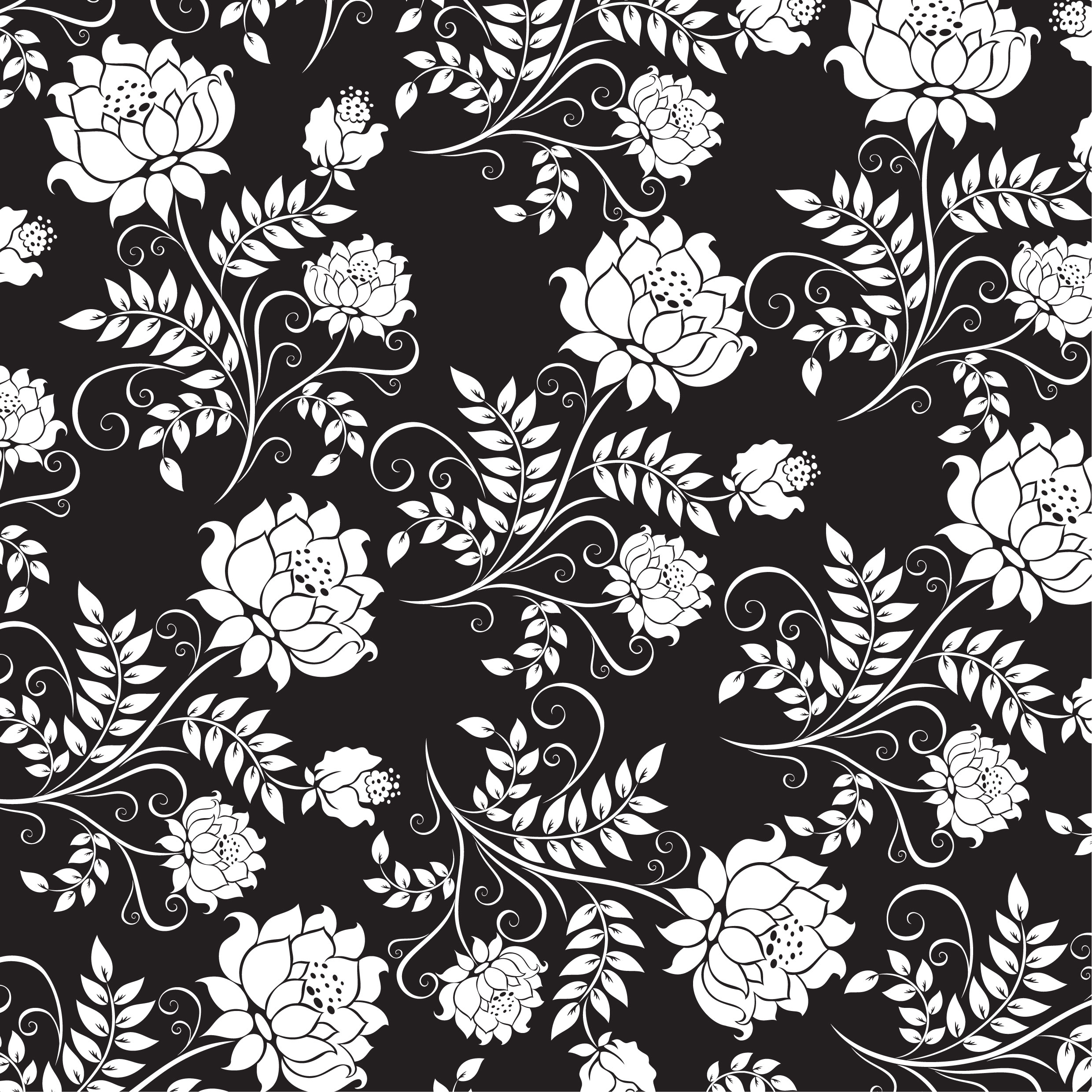 壁紙 背景イラスト 花の模様 柄 パターン No 2 白黒 茎葉