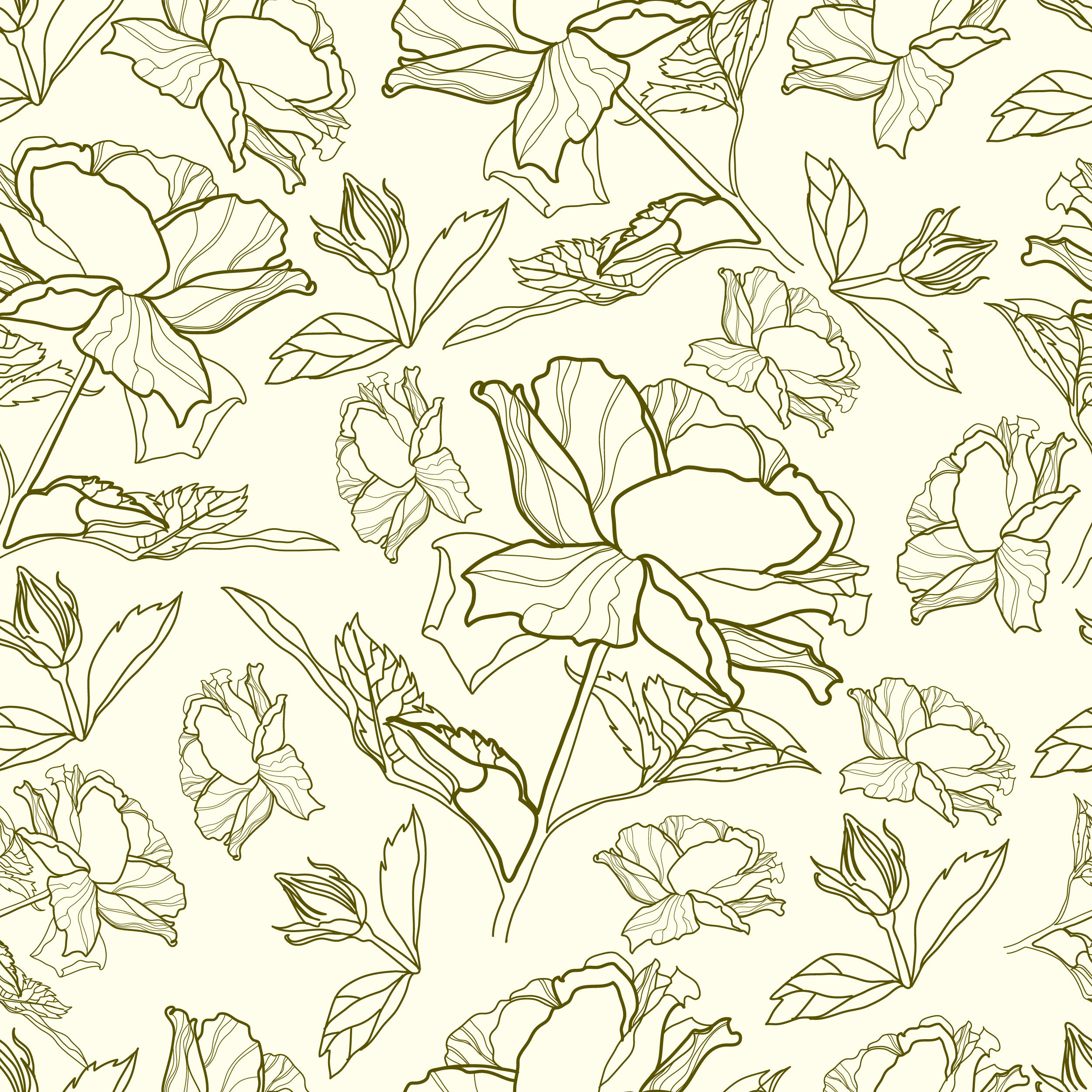 壁紙 背景イラスト 花の模様 柄 パターン No 335 クリーム色 線画