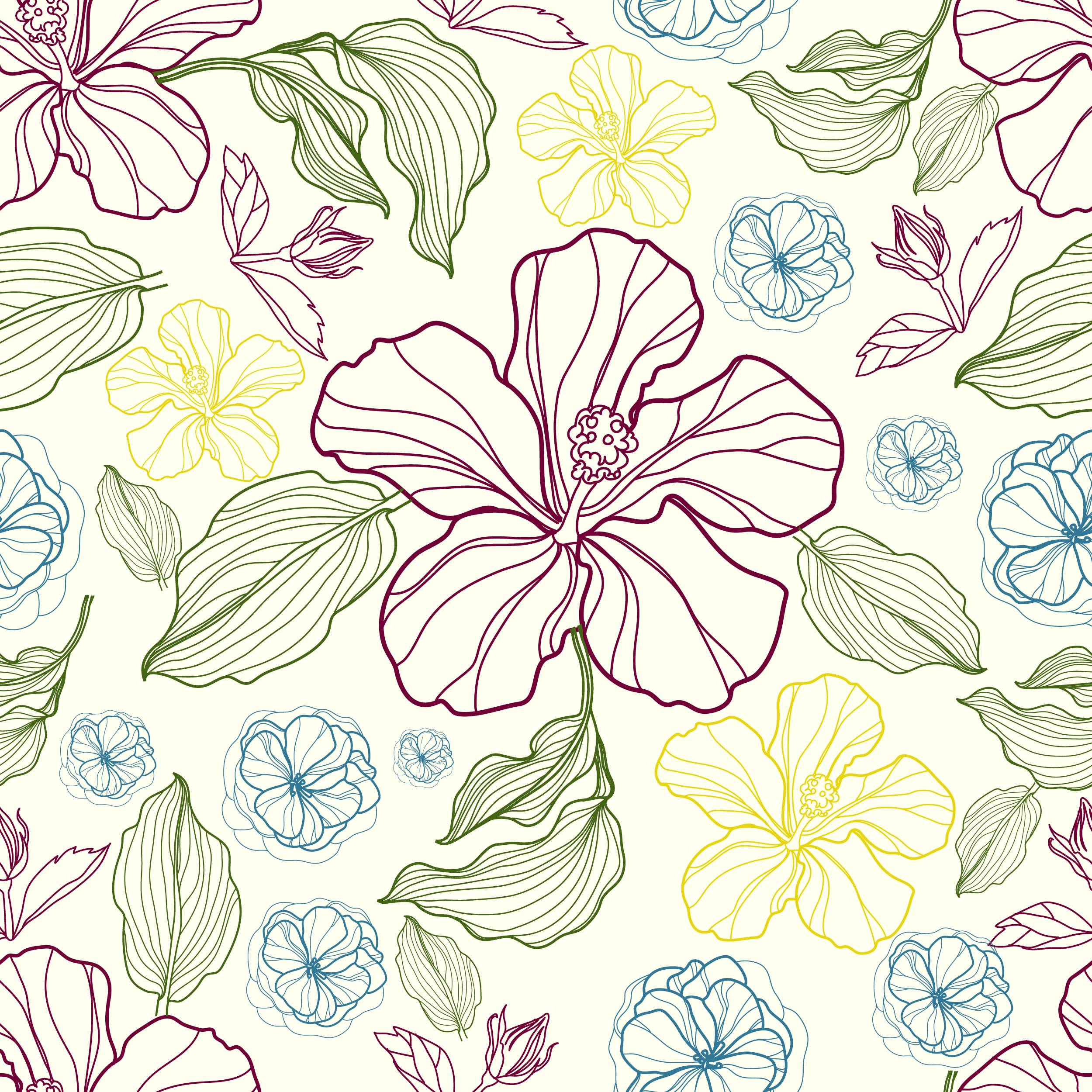 壁紙 背景イラスト 花の模様 柄 パターン No 336 線画 葉 紫青黄緑