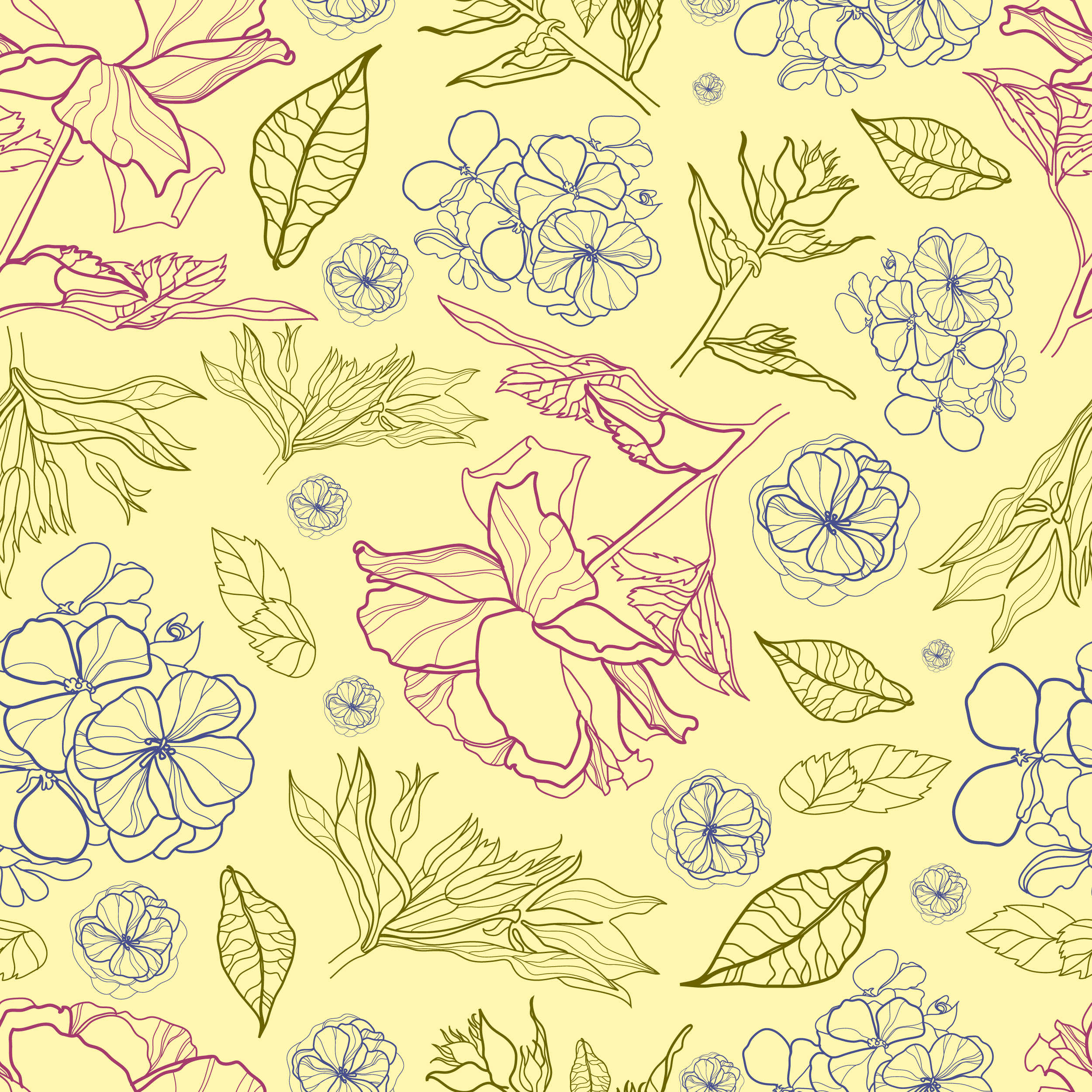 壁紙 背景イラスト 花の模様 柄 パターン No 337 線画 葉 紫青黄緑