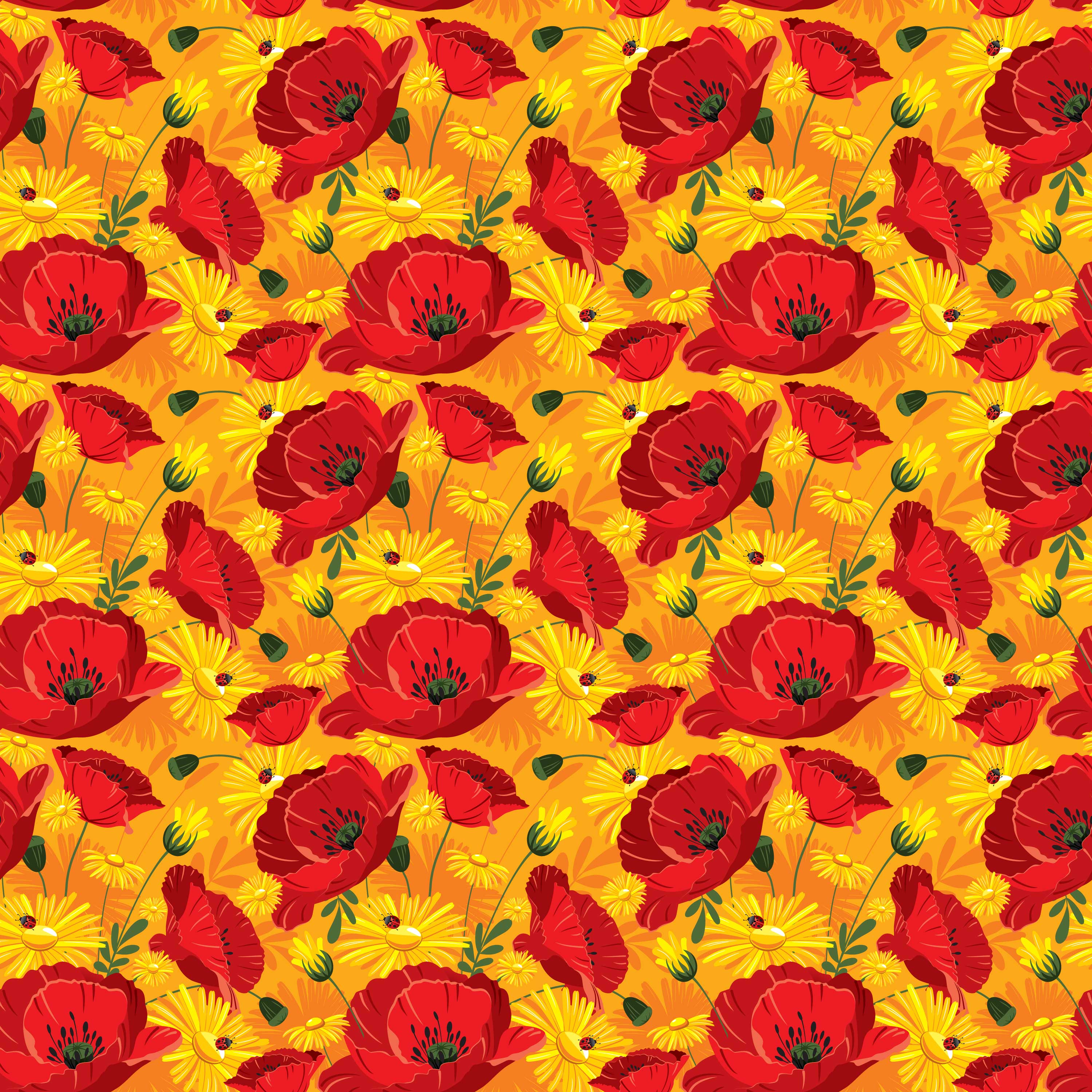 赤い花のイラスト-赤ポピー・黄