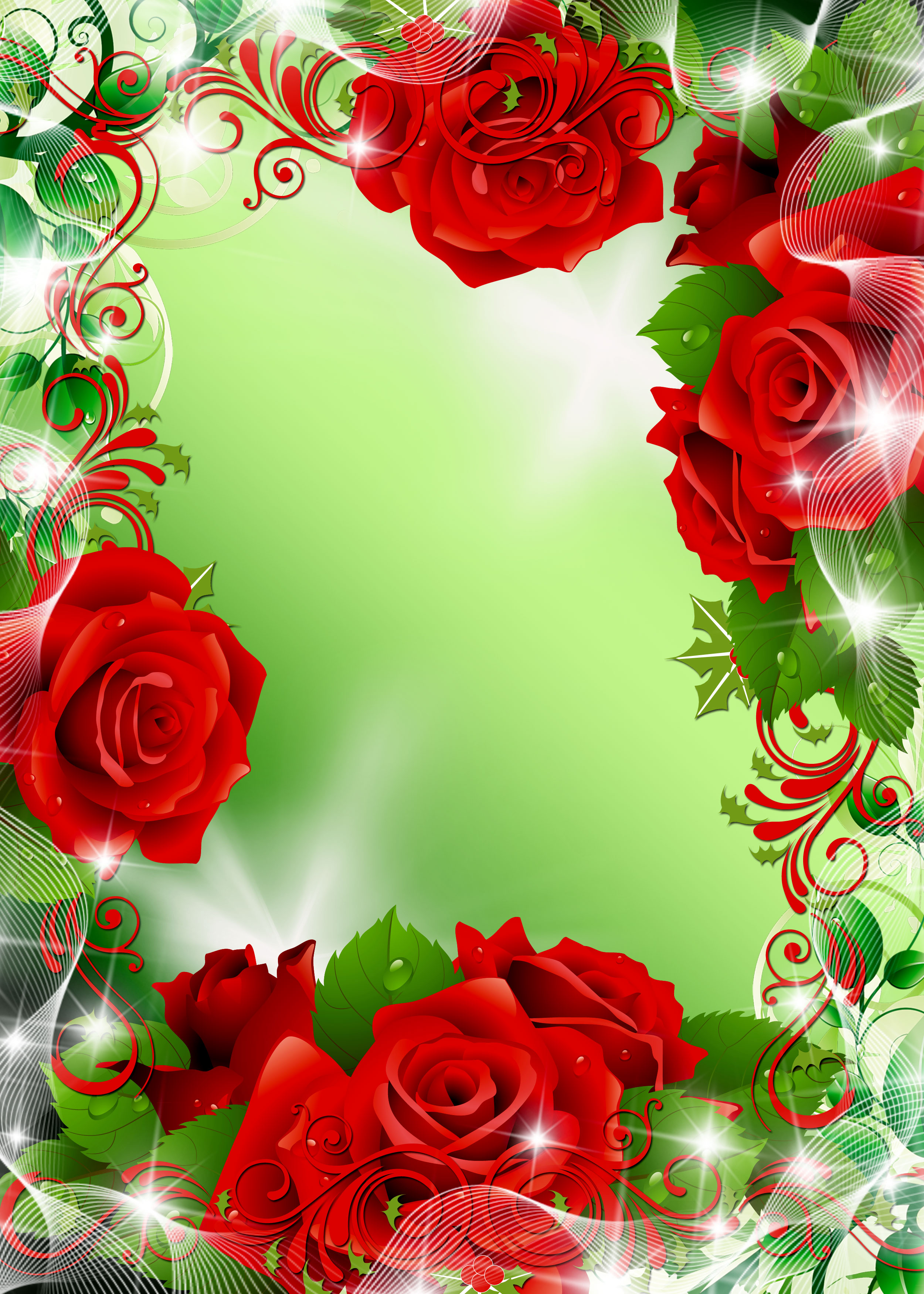 赤い花のイラスト-赤いバラ・光彩・緑
