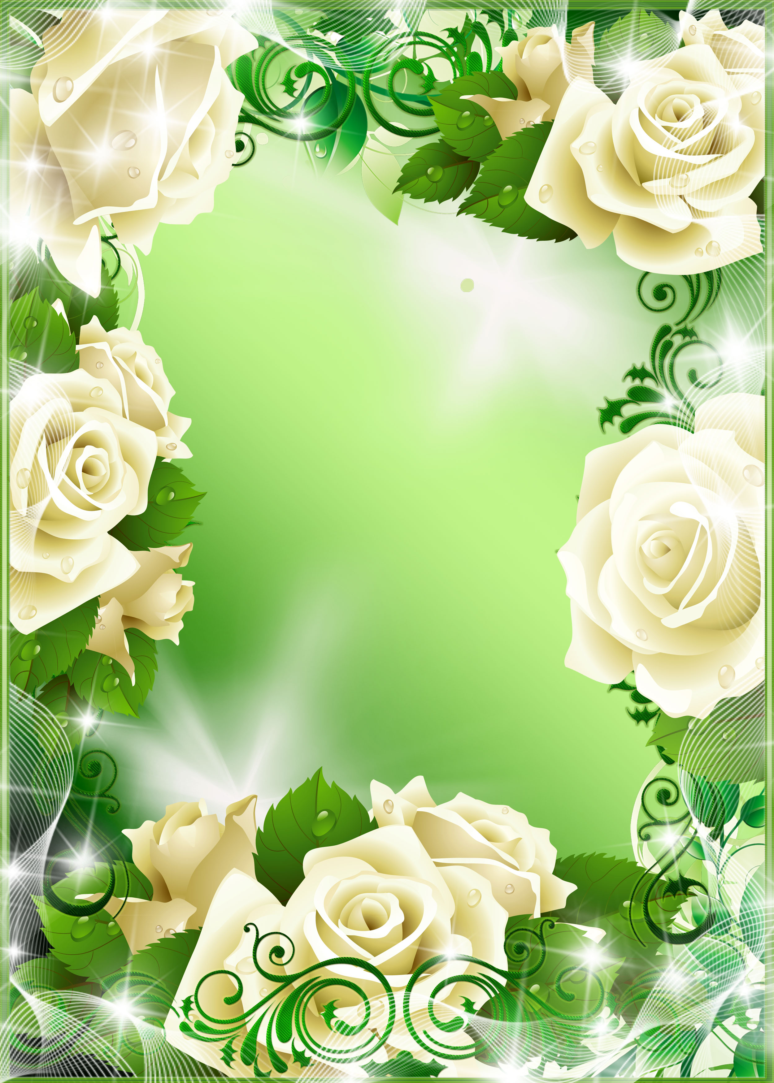 壁紙 背景イラスト 花のフレーム 外枠 No 025 白バラ 光彩 緑