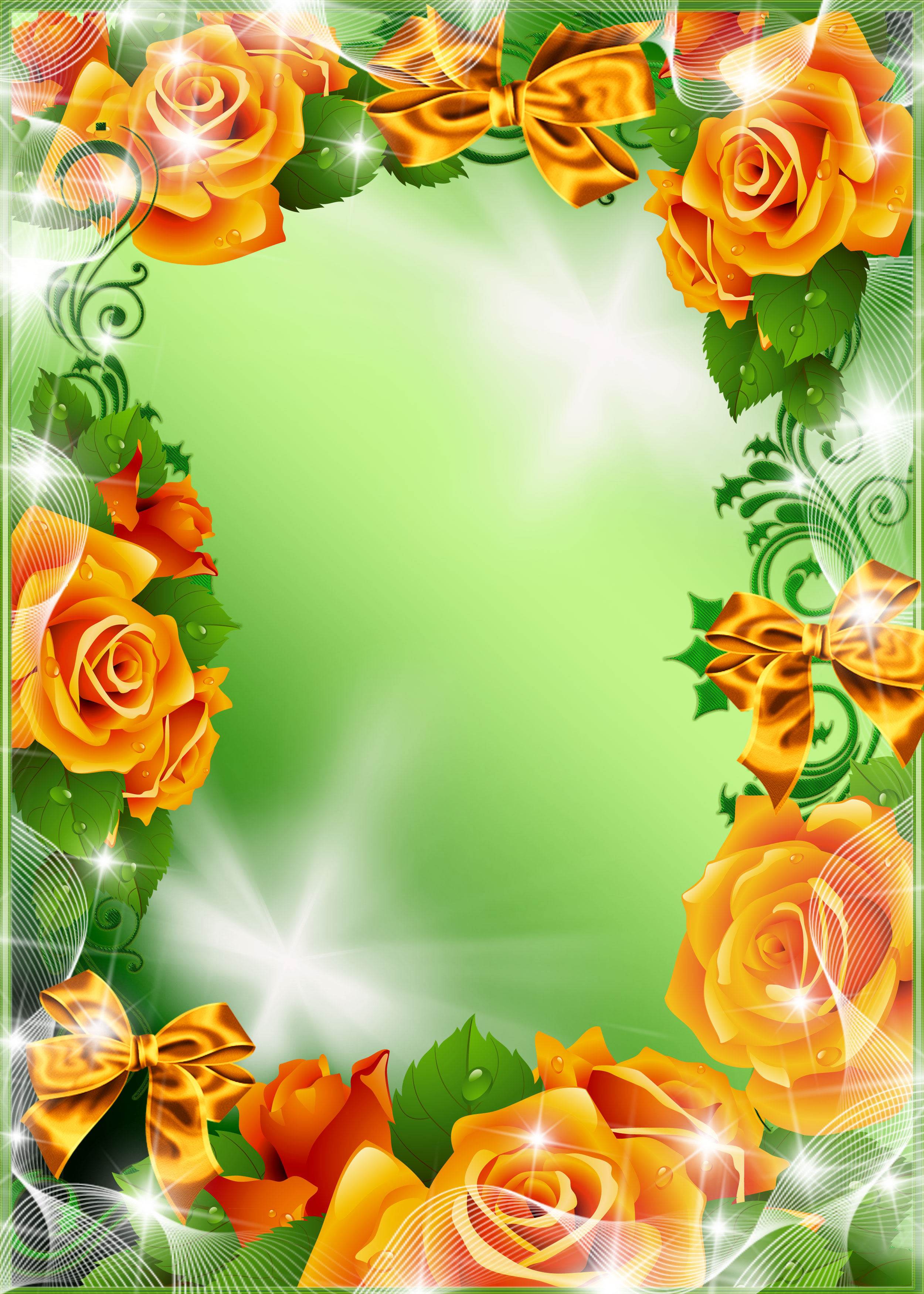 壁紙 背景イラスト 花のフレーム 外枠 No 027 黄バラ 光彩 緑