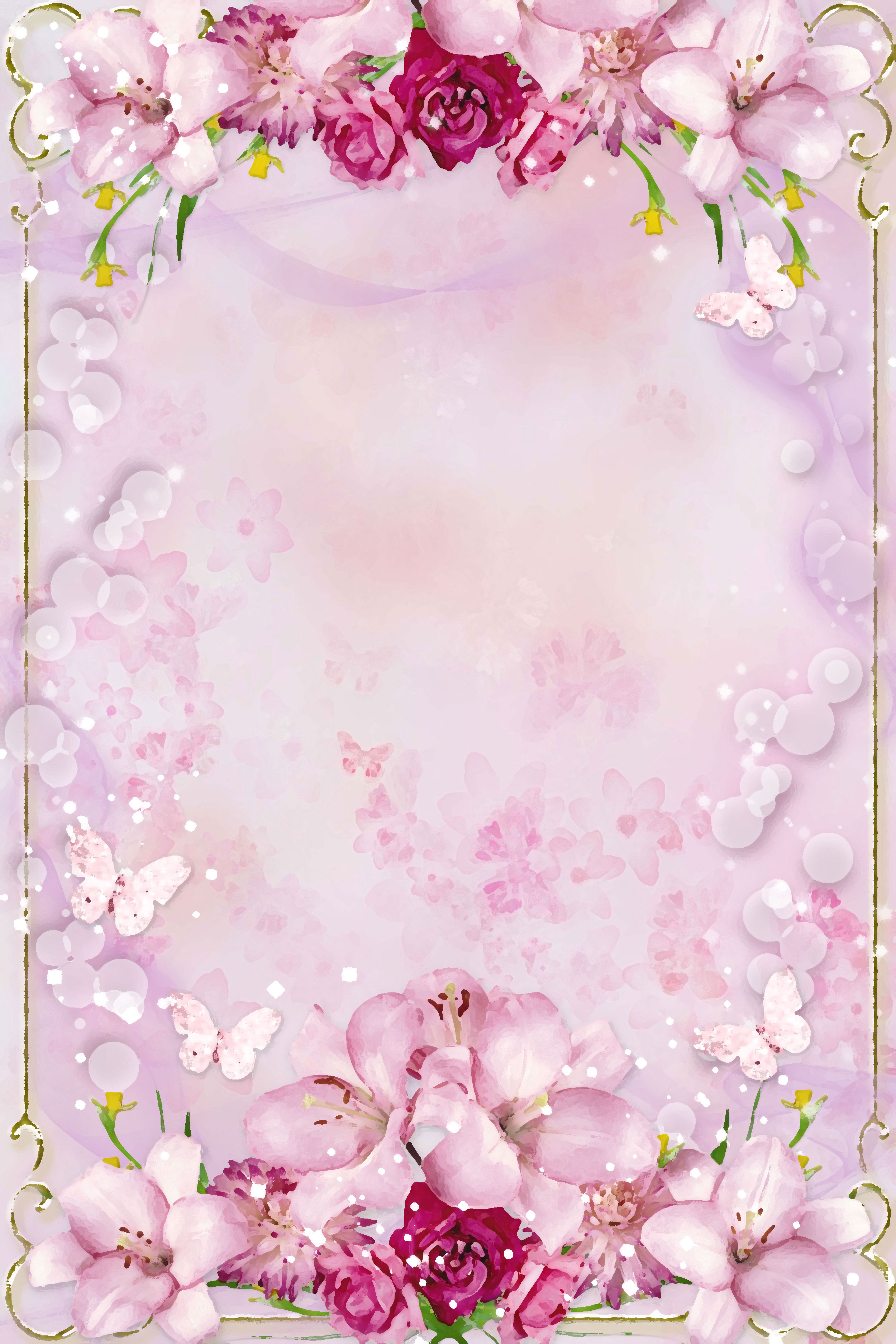 壁紙 背景イラスト 花のフレーム 外枠 No 064 ピンク 赤紫 蝶 光粒