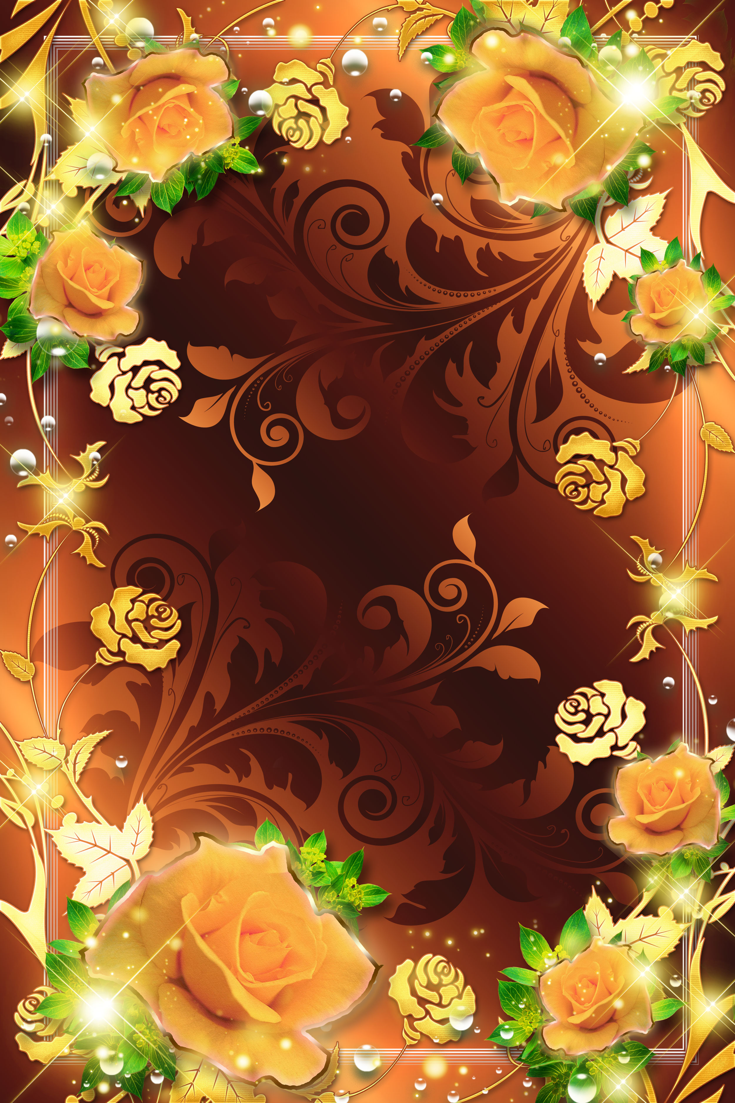 壁紙 背景イラスト 花のフレーム 外枠 No 081 オレンジのバラ 金色