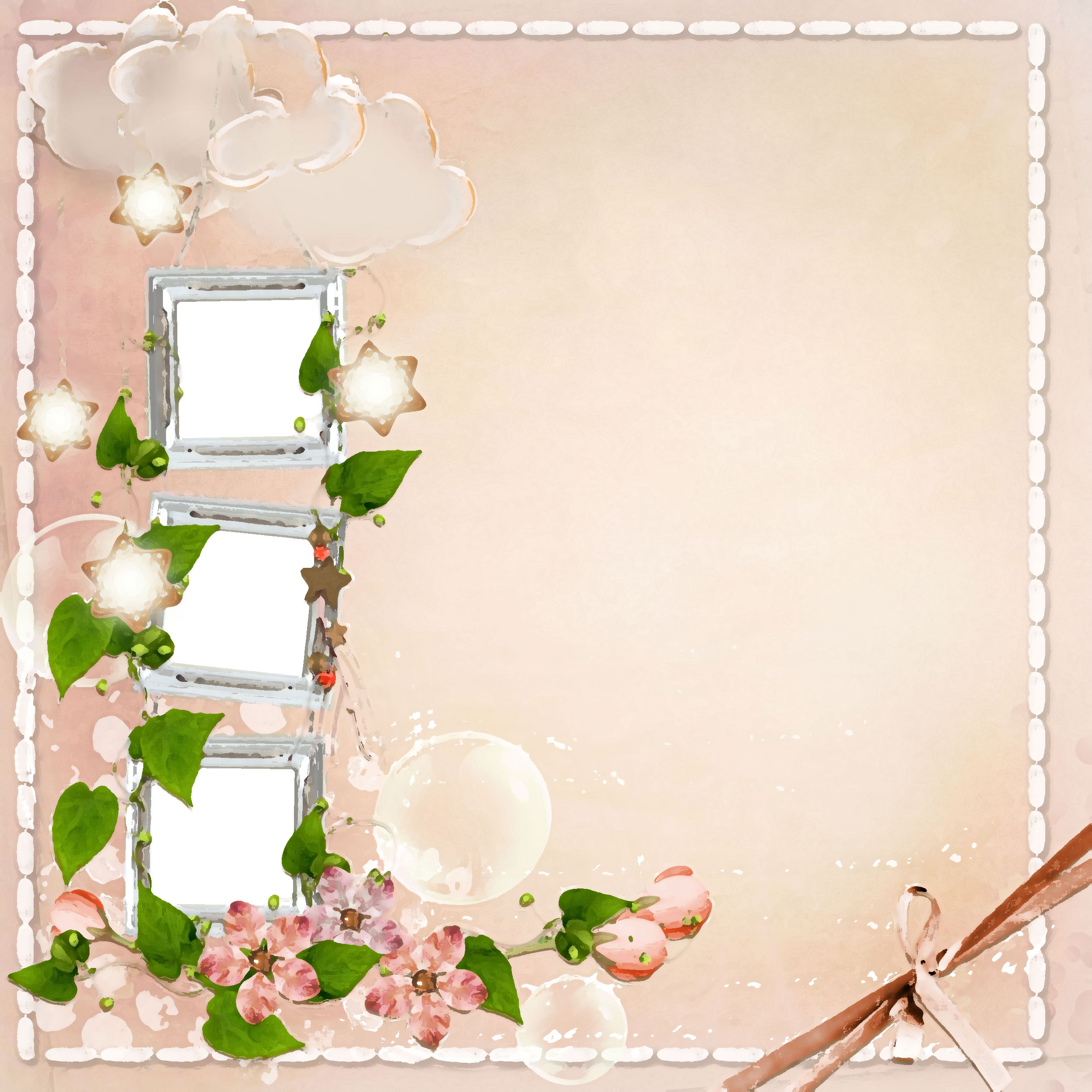 ピンクの花のイラスト フリー素材 壁紙 背景no 600 三つ窓 雲 星 リボン