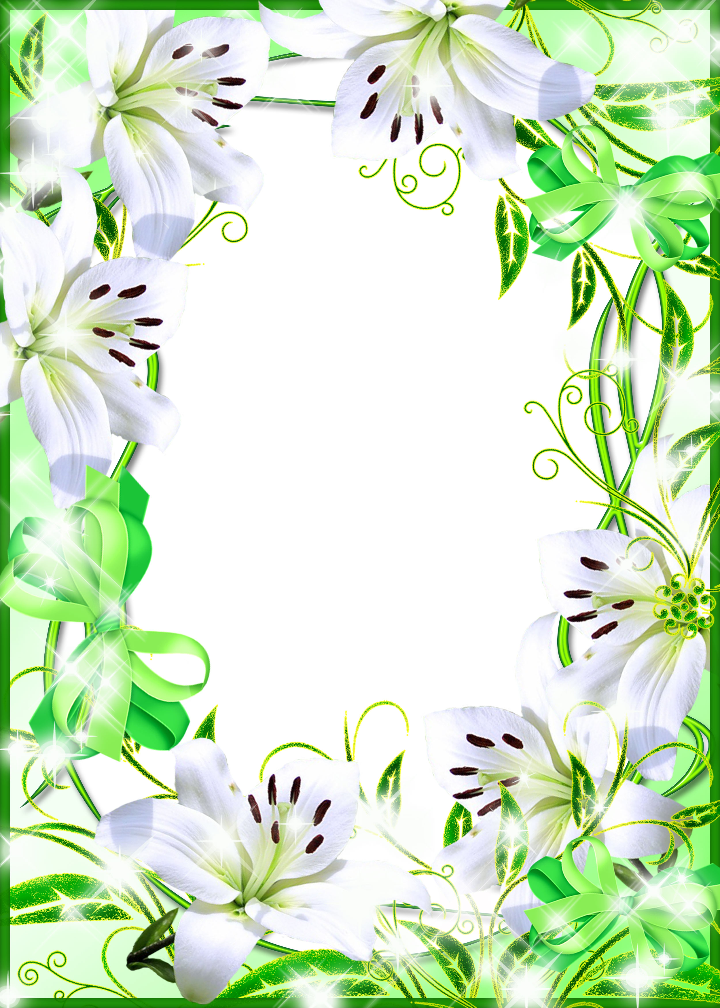 壁紙 背景イラスト 花のフレーム 外枠 No 111 白ユリ 緑 リボン