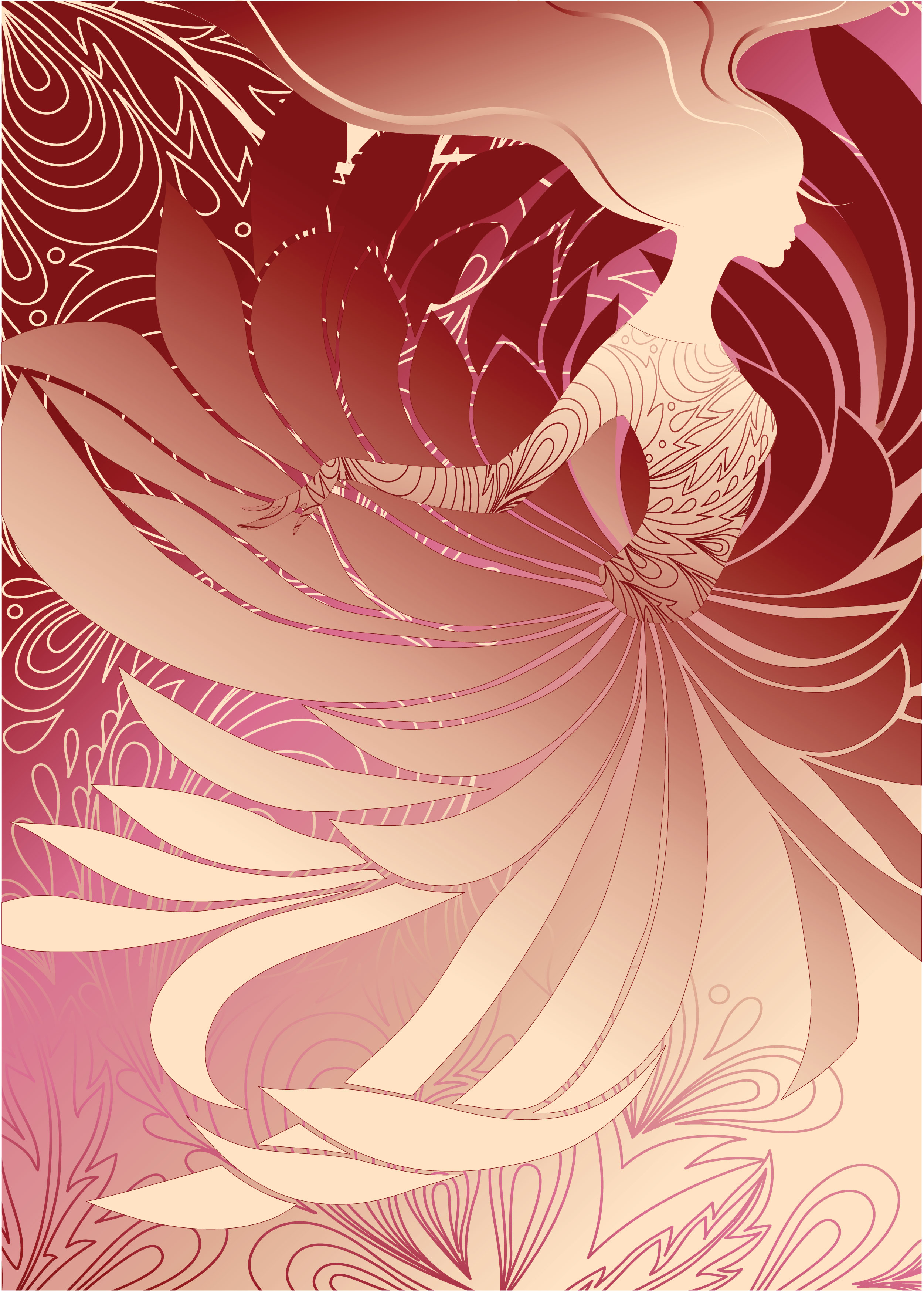 花のイラスト フリー素材 壁紙 背景no 8 女性のシルエット 髪