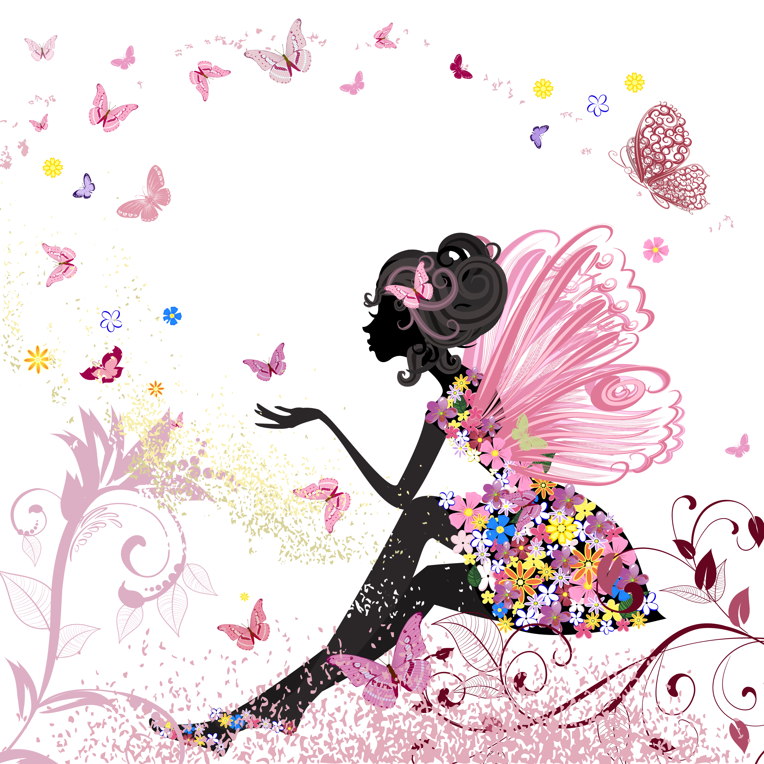 花のイラスト フリー素材 壁紙 背景no 210 女性のシルエット 蝶