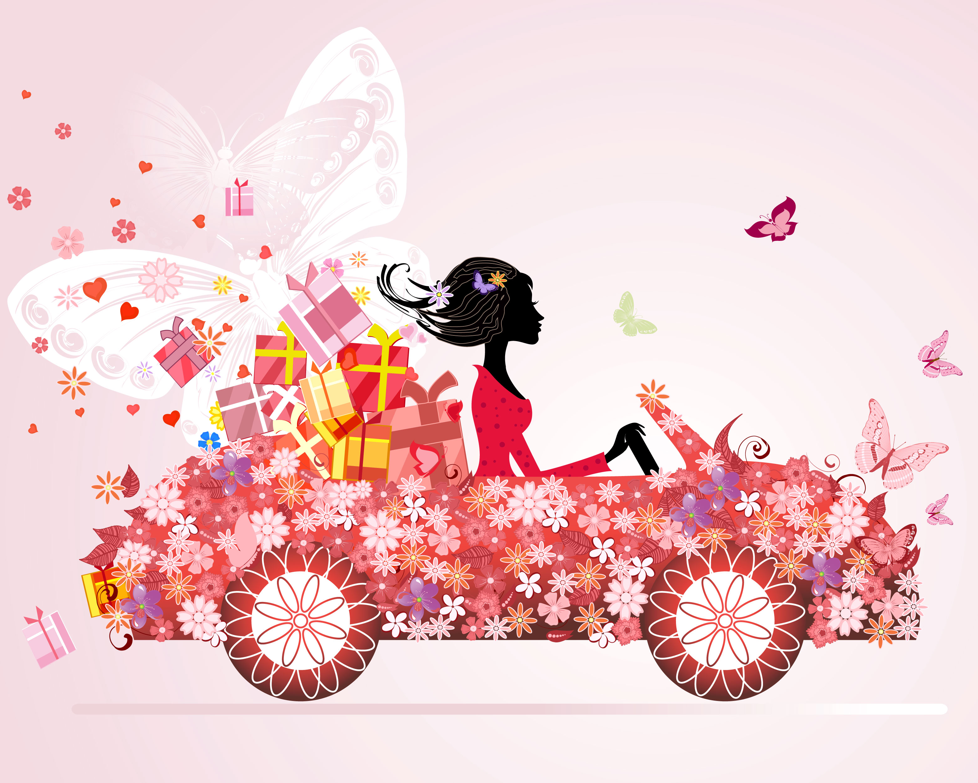 花のイラスト フリー素材 壁紙 背景no 211 車に乗る女性 蝶