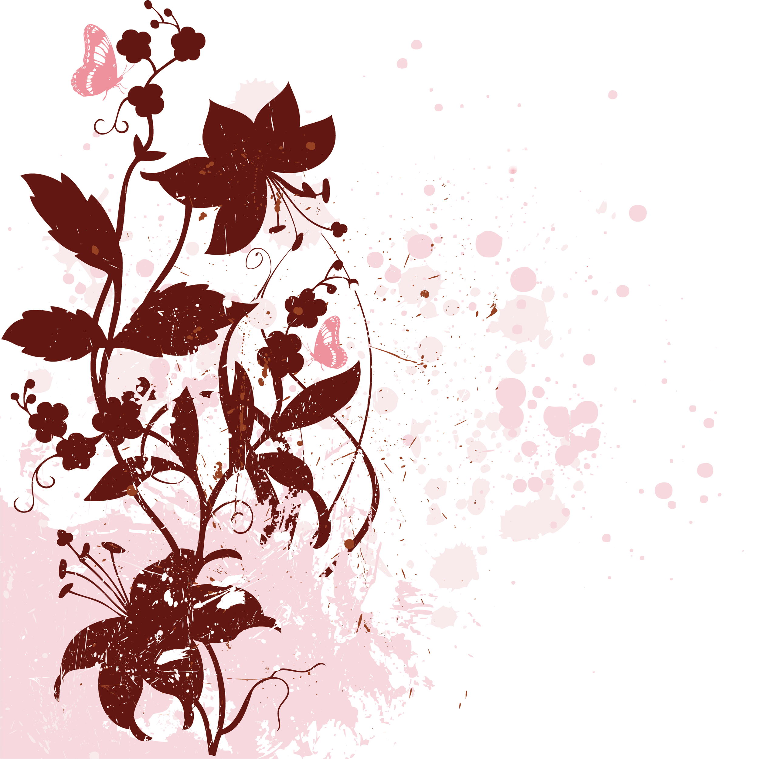 花のイラスト フリー素材 壁紙 背景no 488 茎葉 蝶 ピンク