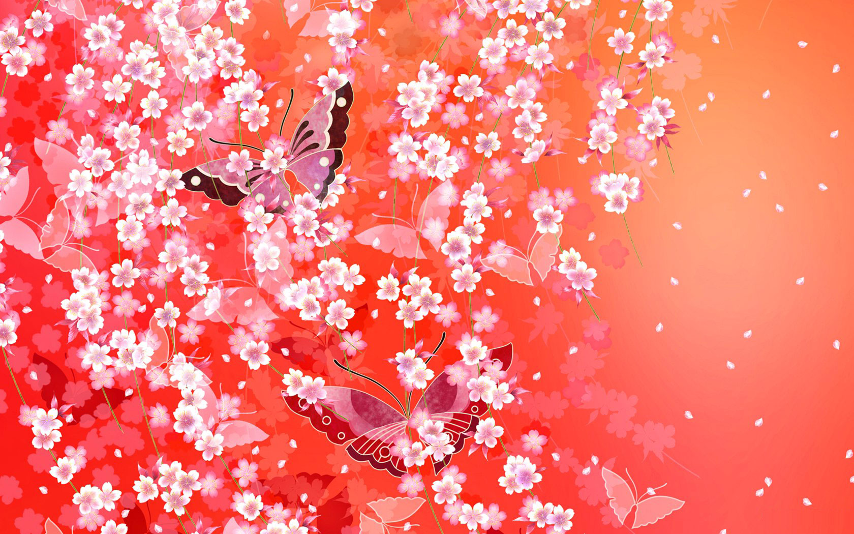 花の背景・壁紙イラスト-赤・ピンク・蝶・淡い