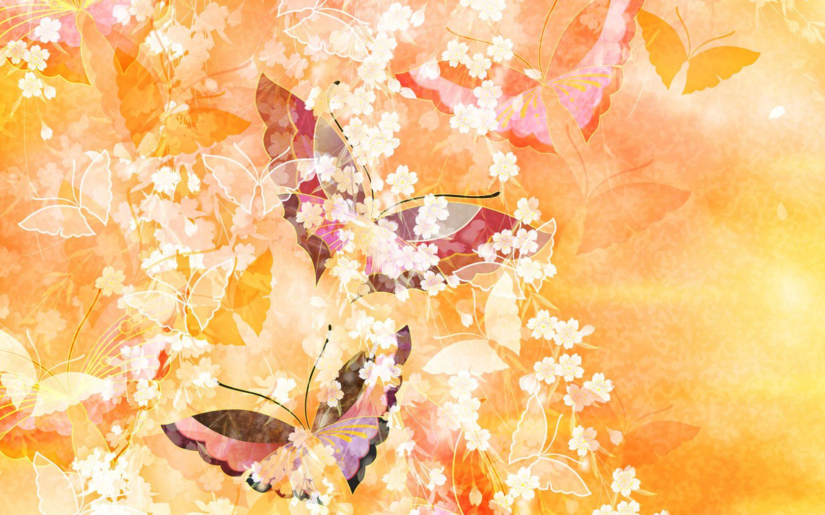 花の背景・壁紙イラスト-オレンジ・白・蝶・淡い