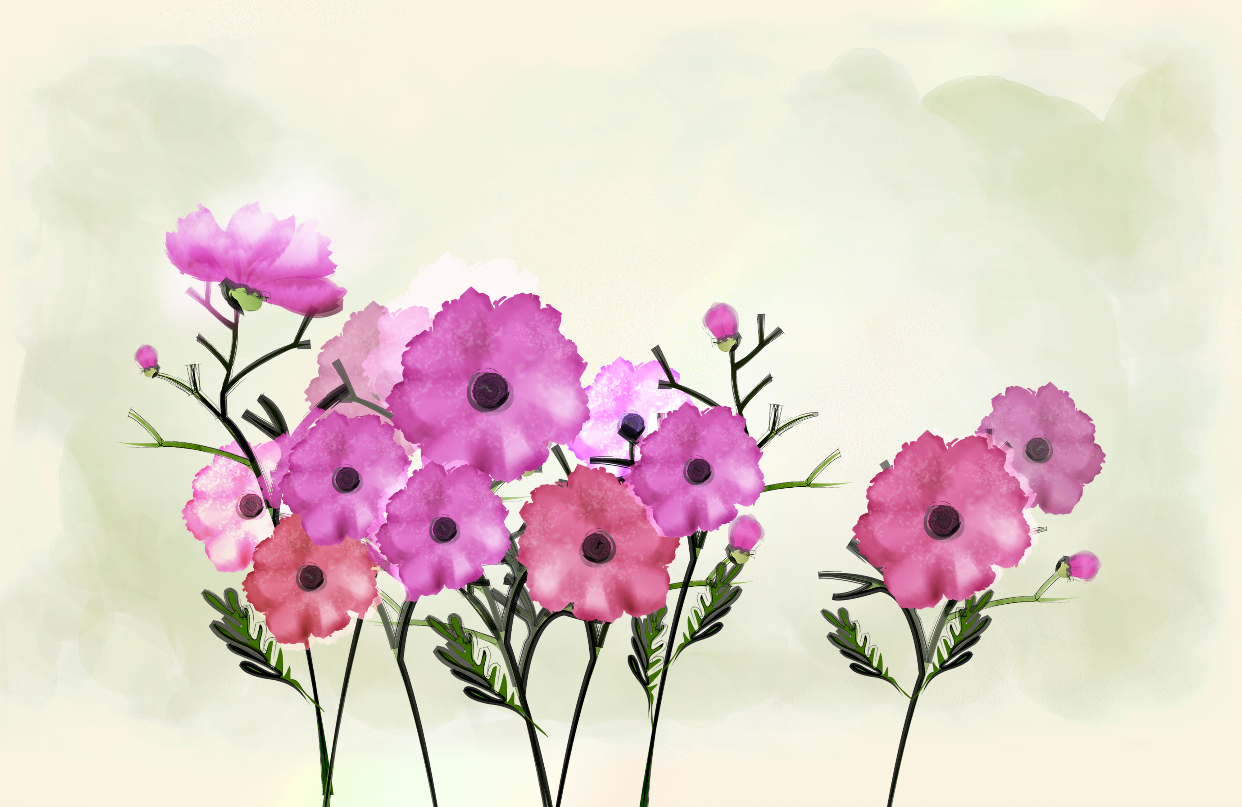 花のイラスト フリー素材 壁紙 背景no 318 赤紫 茎葉 水彩画風