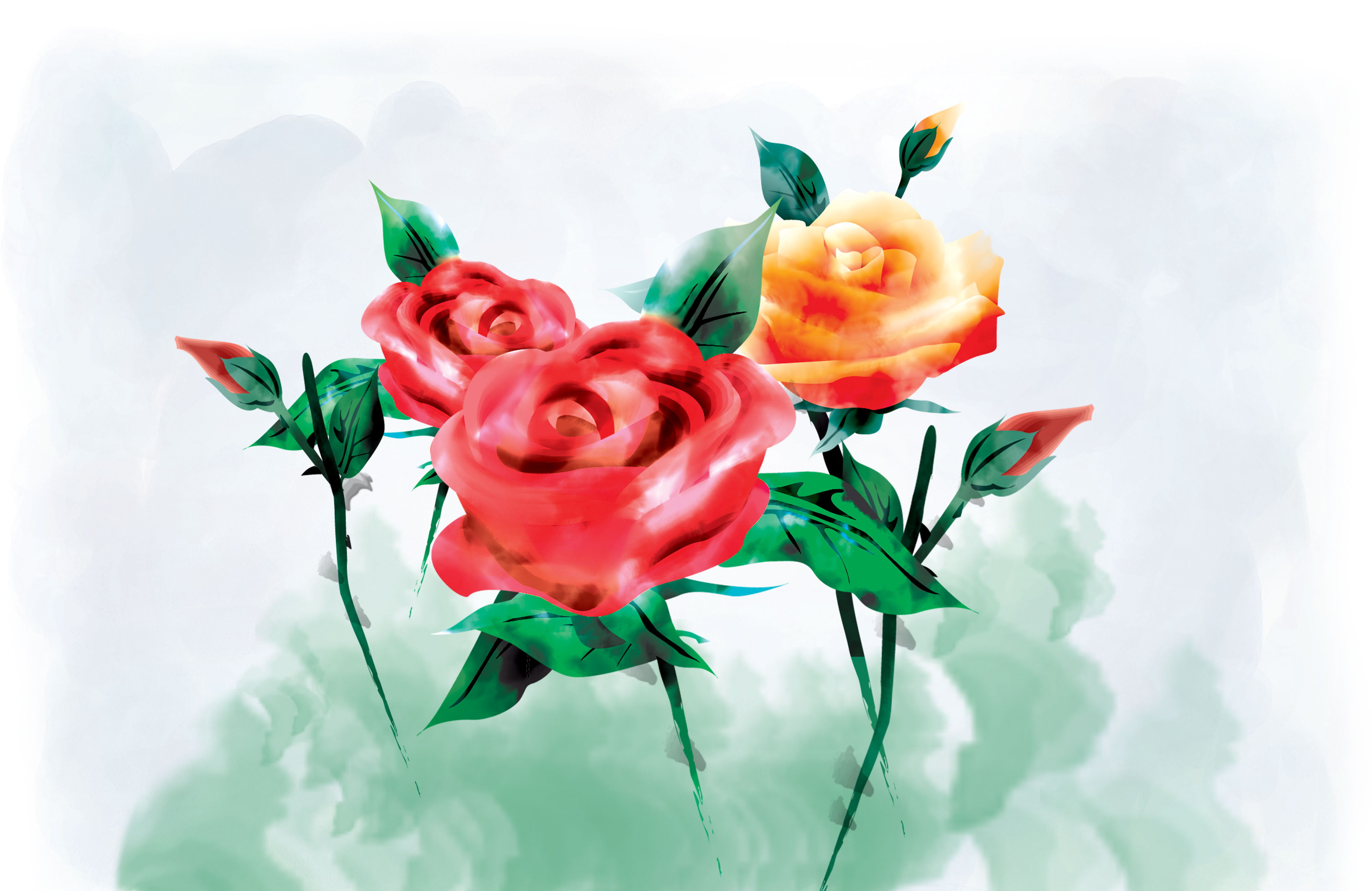 赤い花のイラスト-バラ・茎葉・水彩画風