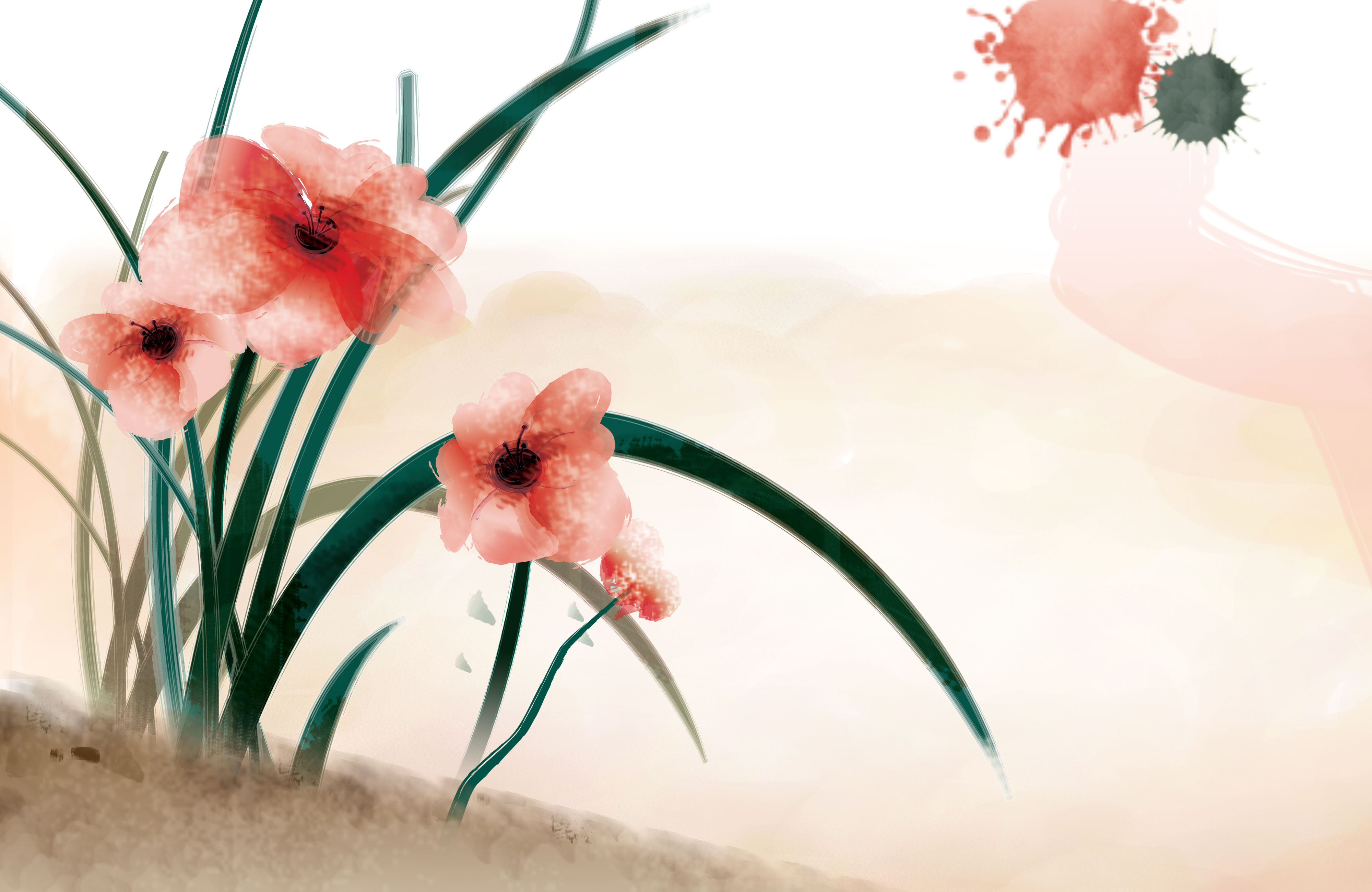花のイラスト フリー素材 壁紙 背景no 326 赤 葉 水彩 水墨画風