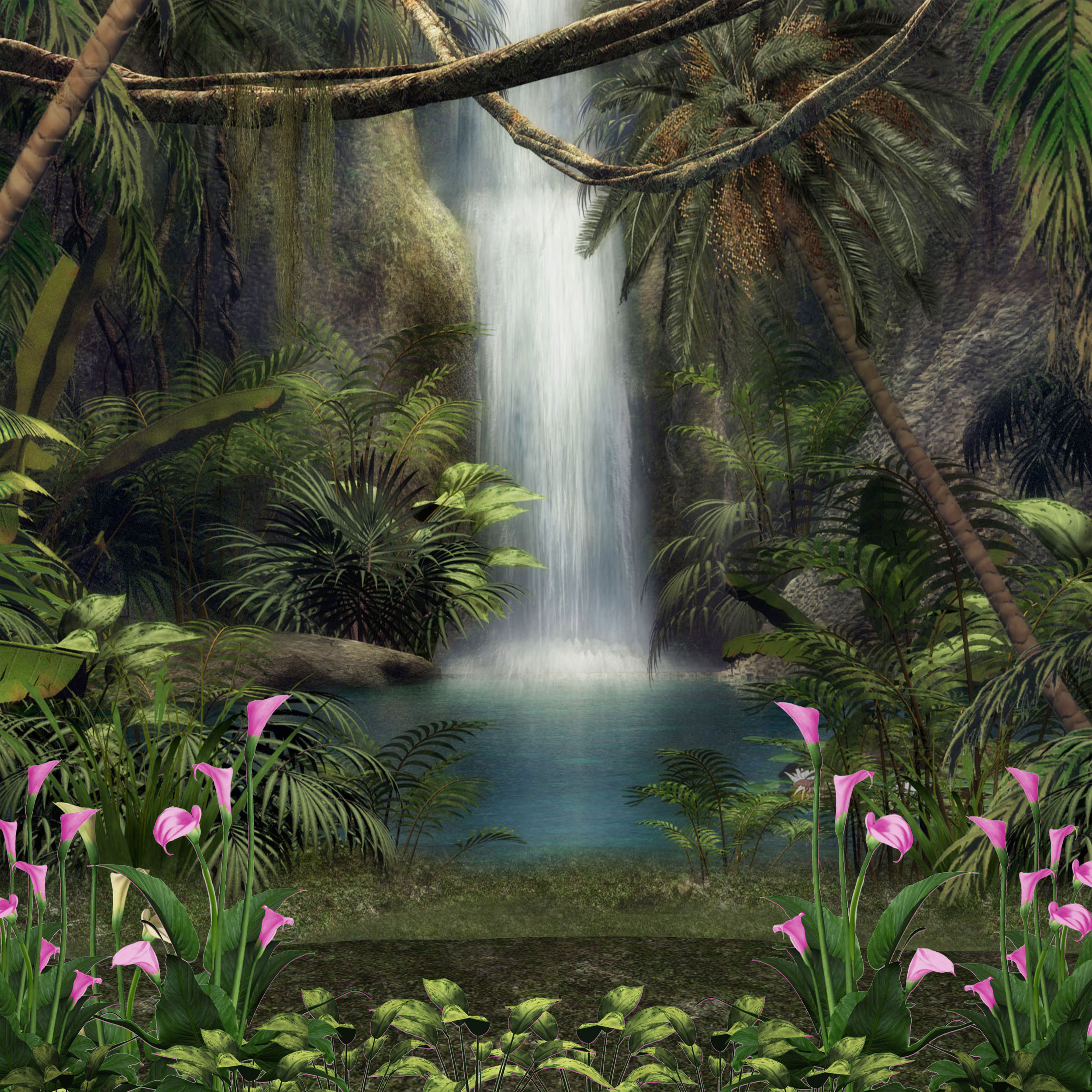 花のイラスト フリー素材 壁紙 背景no 221 泉 滝 紫 森林
