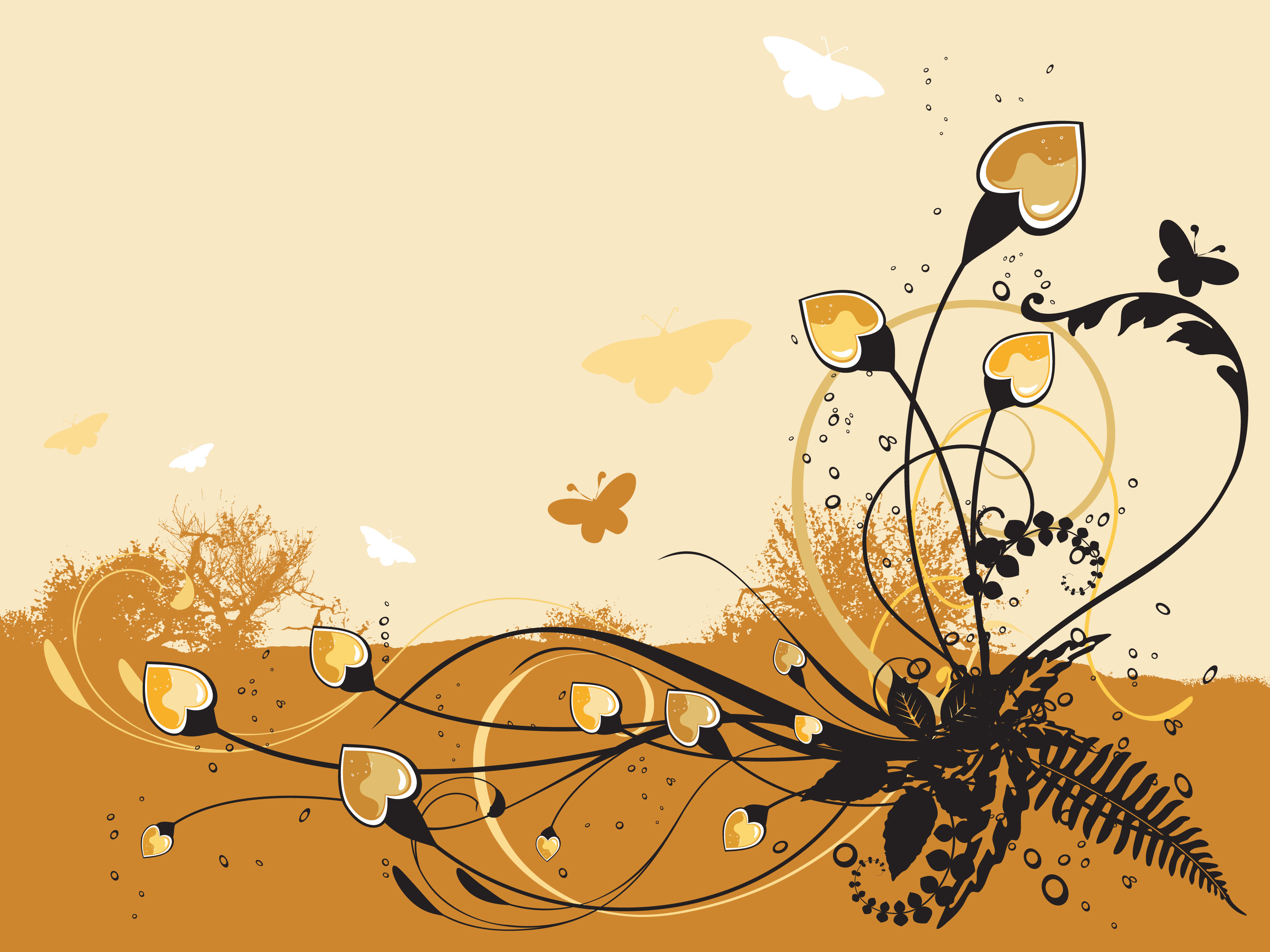 花のイラスト フリー素材 壁紙 背景no 571 茶基調 シルエット 蝶