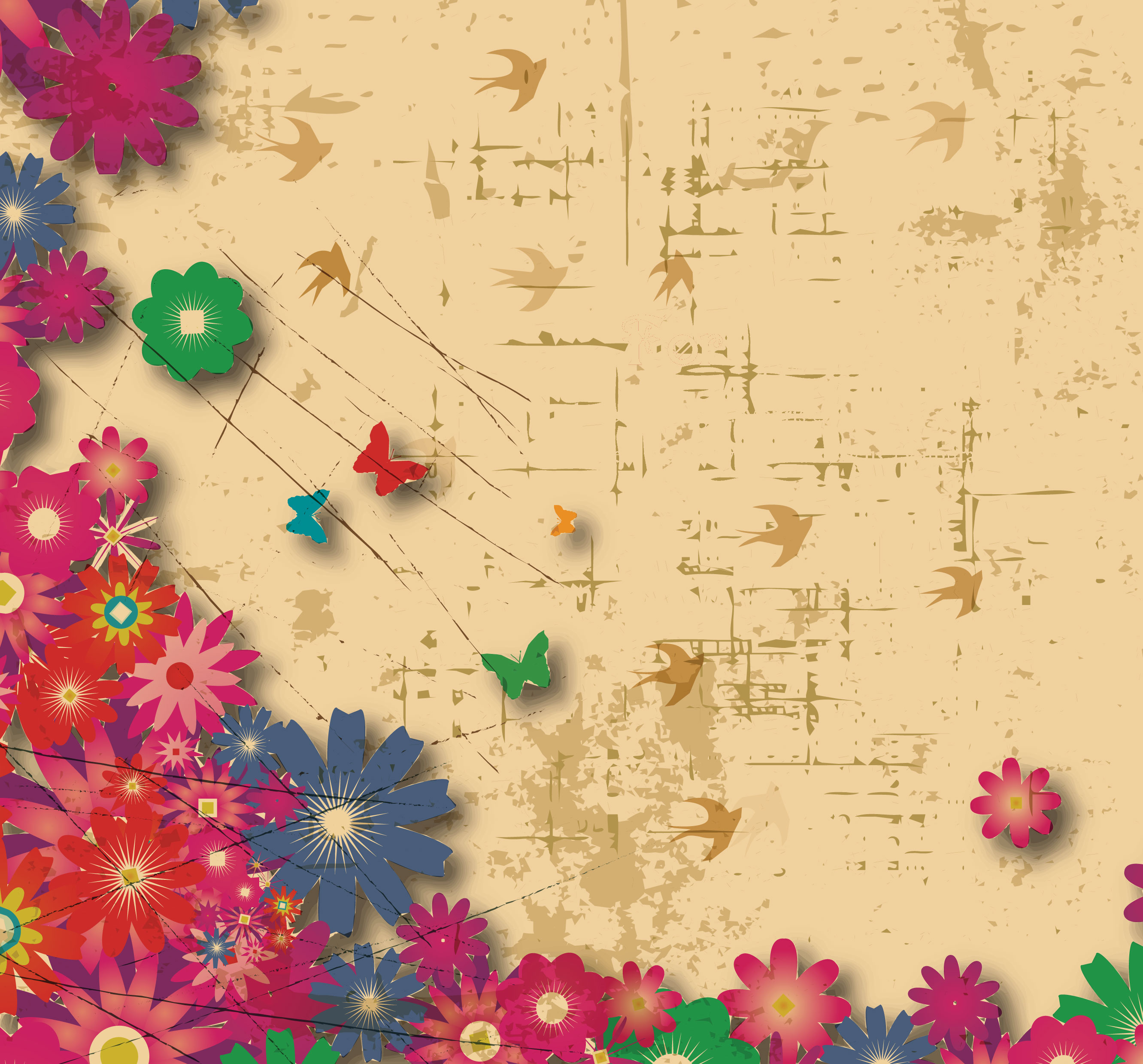 花のイラスト フリー素材 壁紙 背景no 576 赤青緑 レトロ模様 鳥