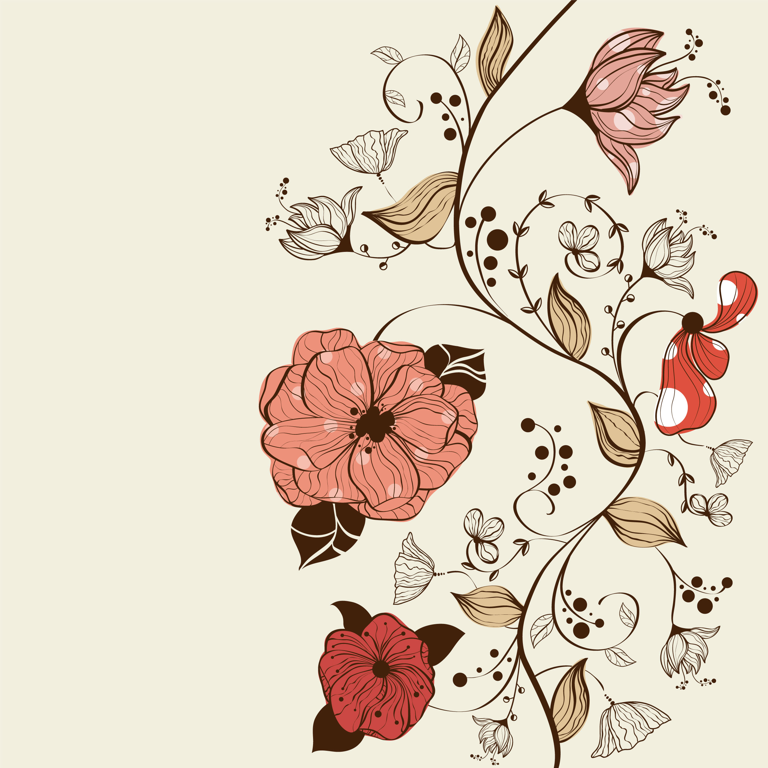 赤い花のイラスト フリー素材 背景 壁紙no 979 手書き風 赤茶 茎葉