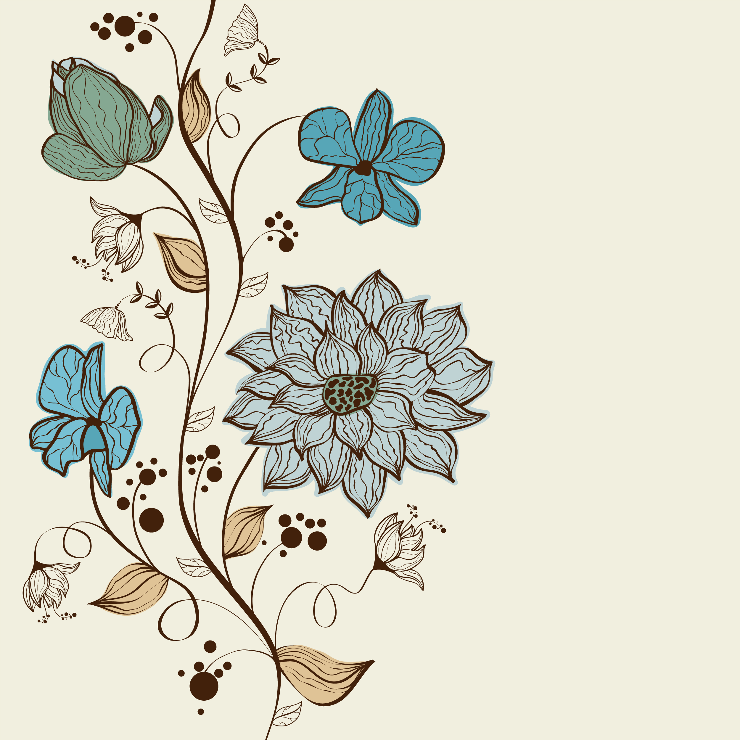 花のイラスト フリー素材 壁紙 背景no 132 手書き風 青緑 茎葉