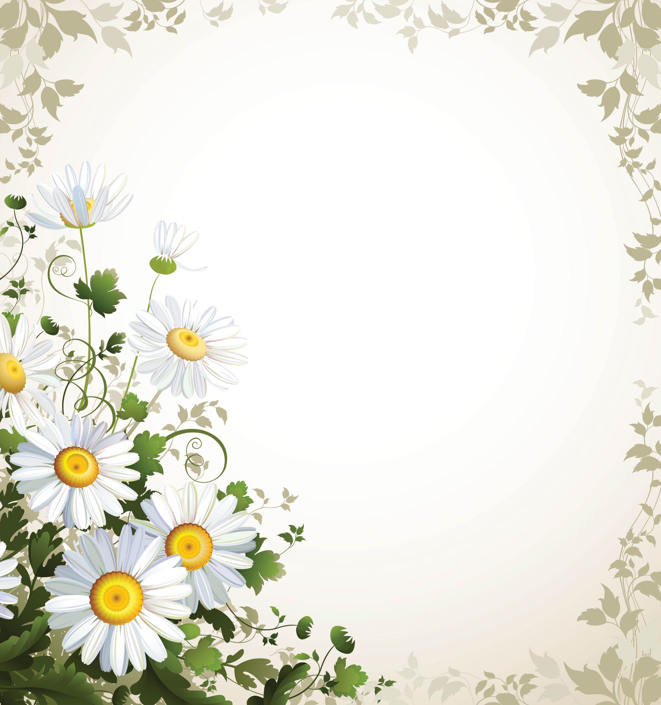白いの花のイラスト フリー素材 背景 壁紙no 405 白 黄 緑 茎葉枠