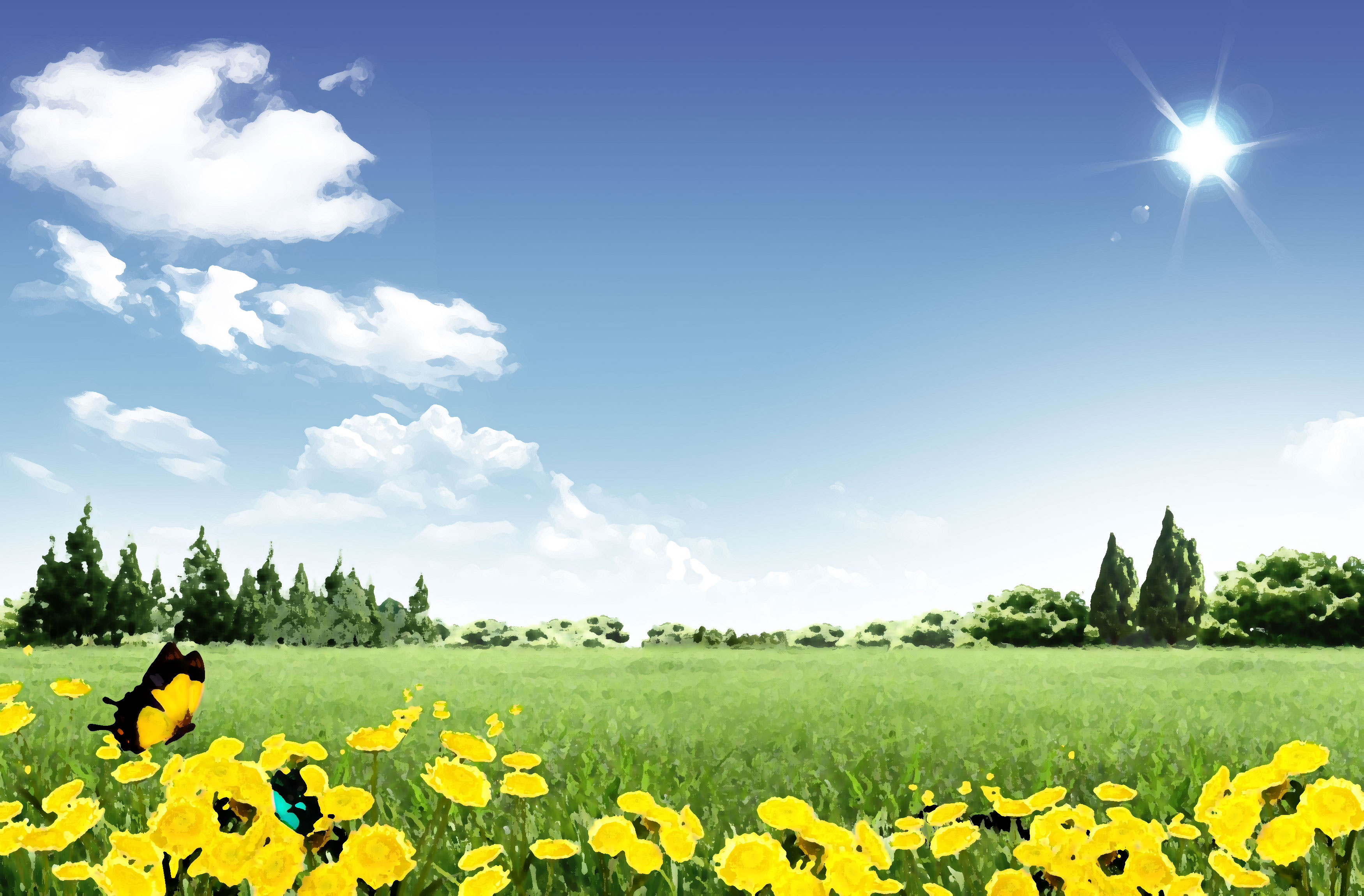 花のイラスト フリー素材 壁紙 背景no 362 草原 森林 黄色 青空
