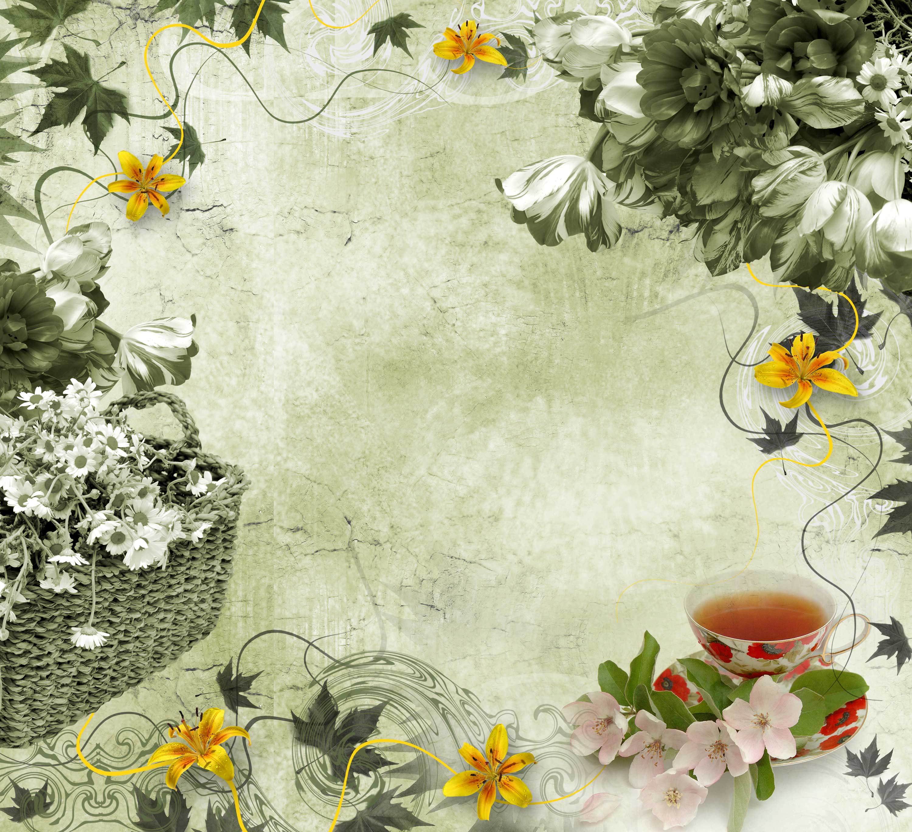 花のイラスト フリー素材 壁紙 背景no 226 シック レトロ調 紅茶