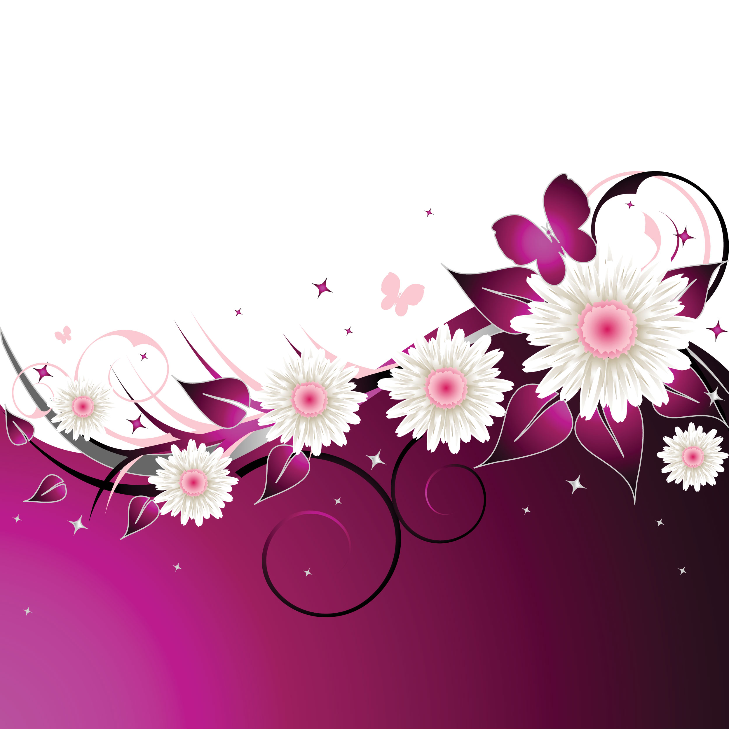 花のイラスト フリー素材 壁紙 背景no 305 赤紫 白い花 蝶 輝き