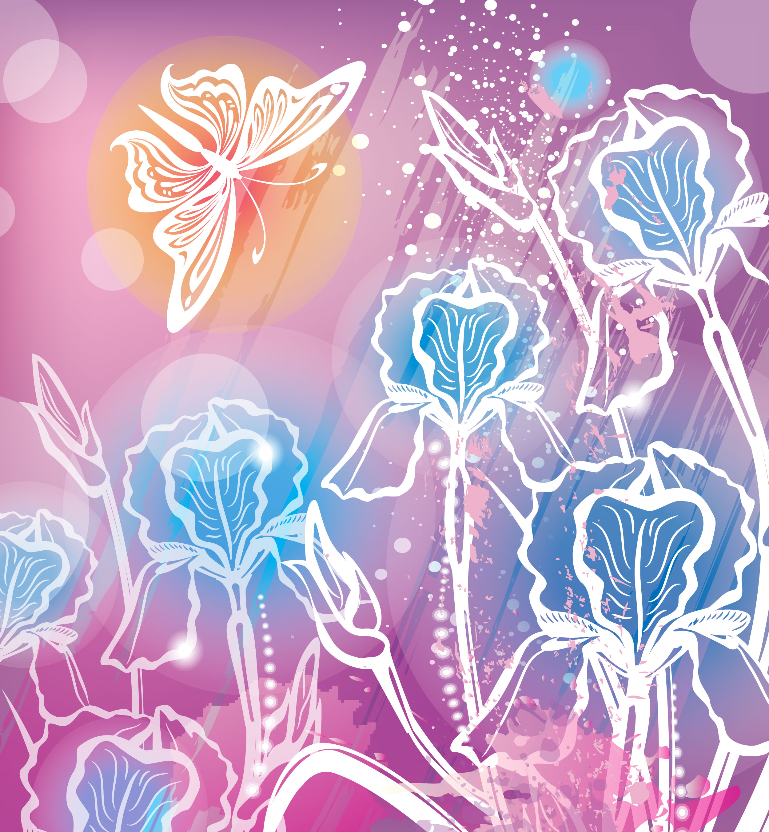 花の背景・壁紙イラスト-白抜き・青紫・蝶