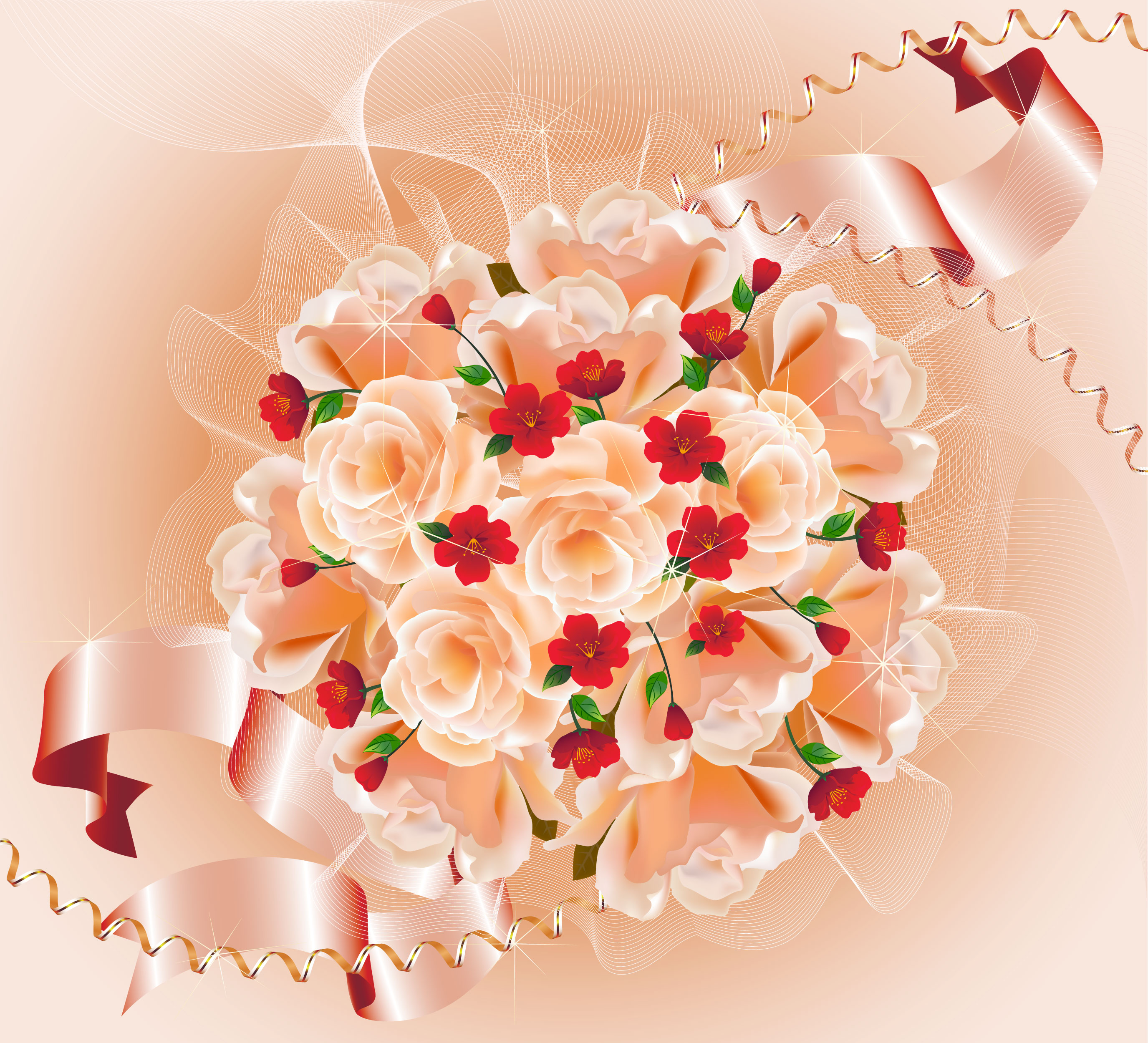 花のイラスト フリー素材 壁紙 背景no 6 バラの束 ピンクリボン