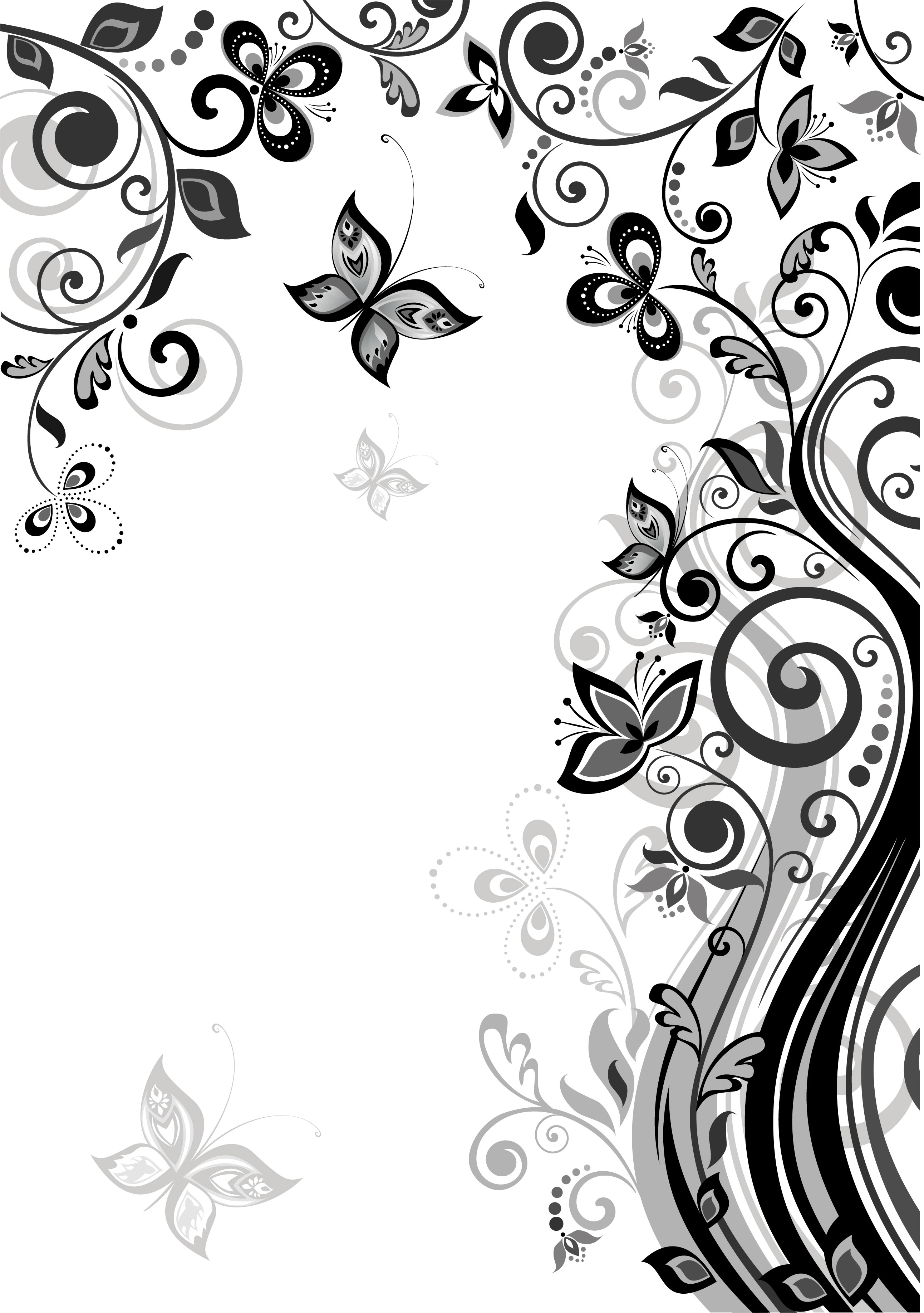 花のイラスト フリー素材 壁紙 背景no 848 白黒 つる 蝶 曲線