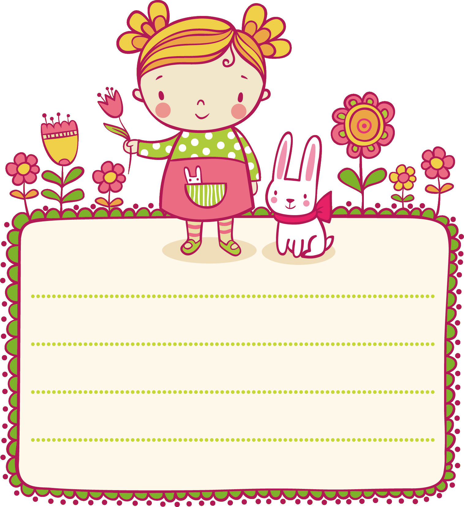 花のフレームのイラスト 画像no 067 可愛い女の子とウサギ 無料のフリー素材集 百花繚乱
