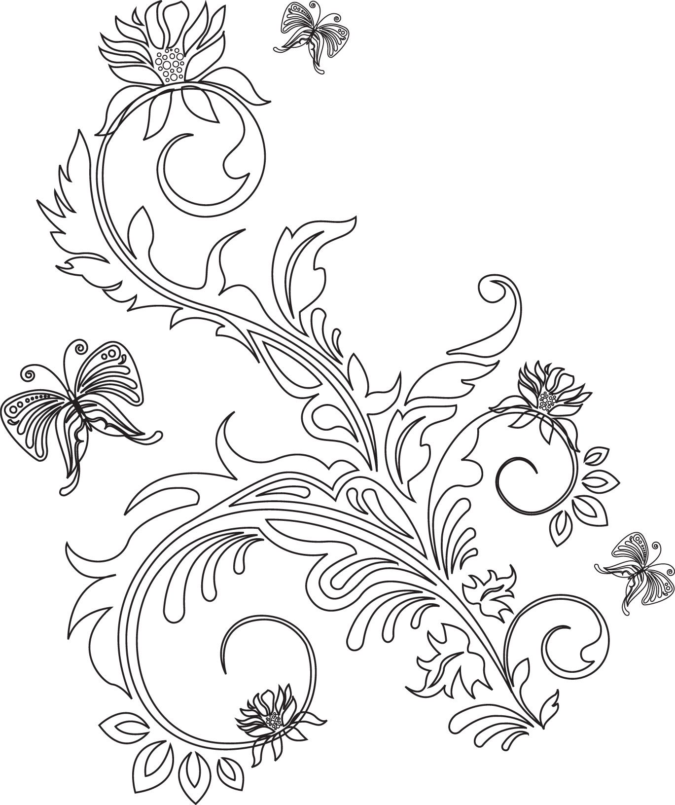 花のイラスト フリー素材 白黒 モノクロno 563 葉 花 蝶