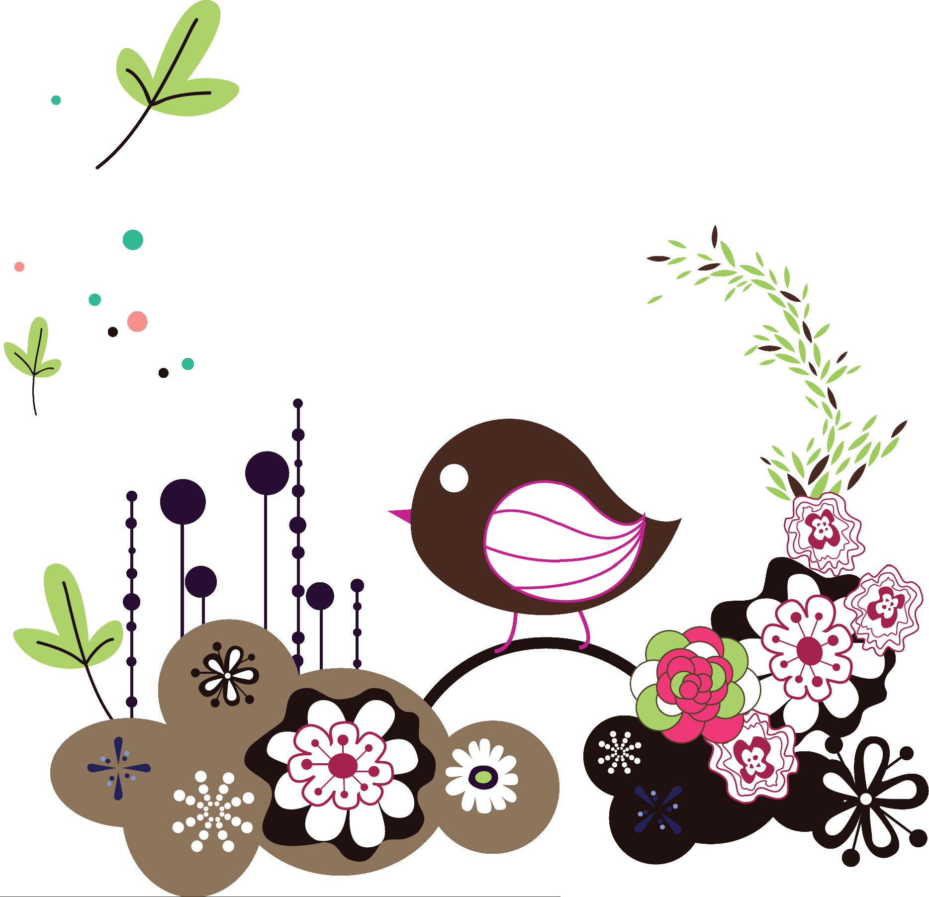 可愛い花のイラスト-花畑と鳥