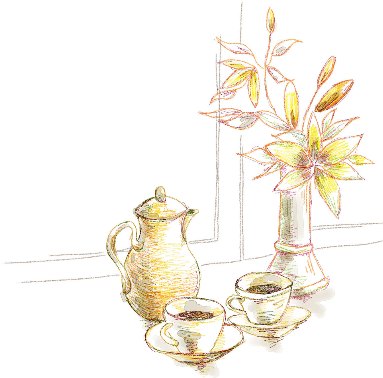 花のイラスト フリー素材 花束no 253 窓際の花 コーヒー