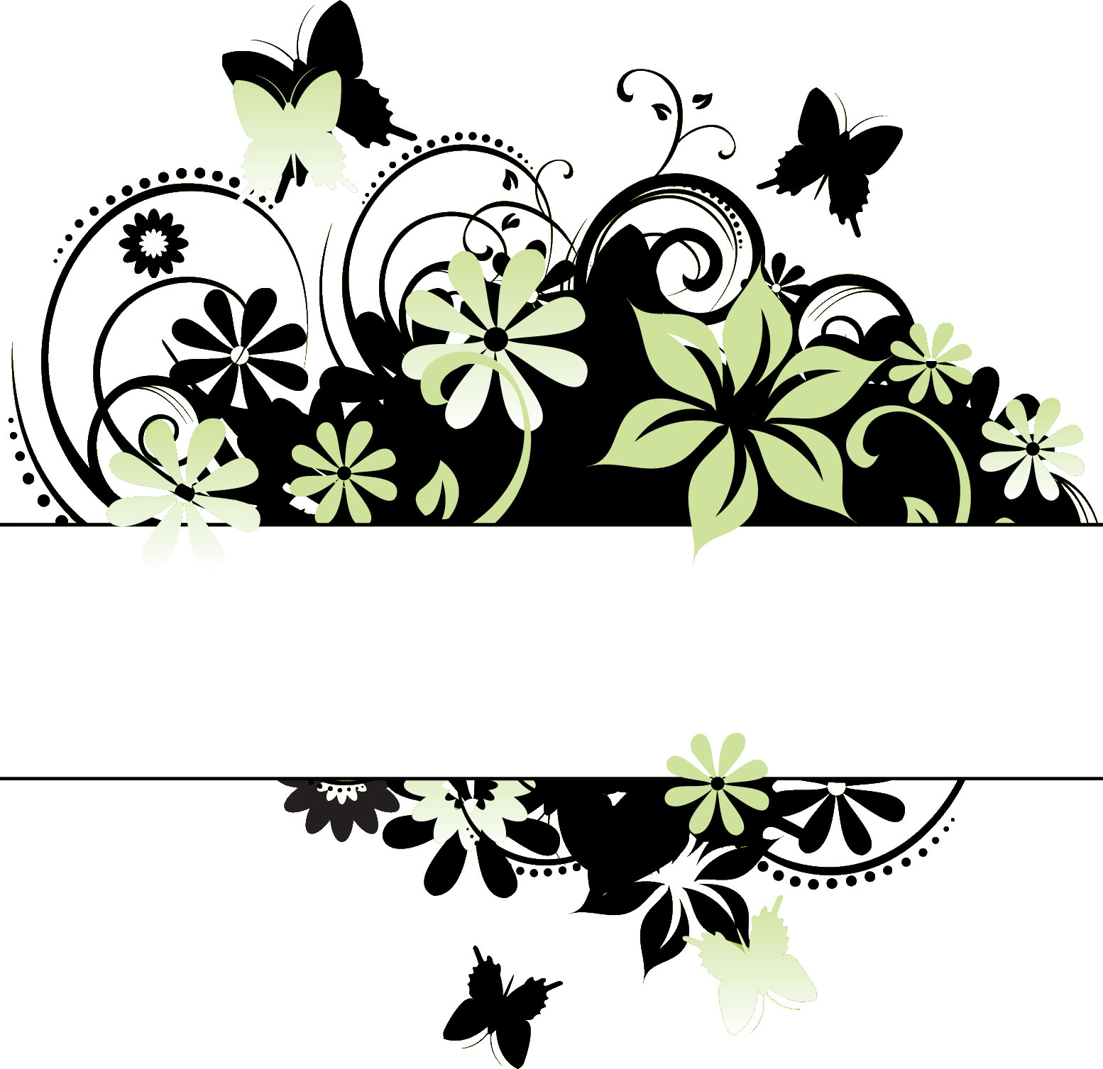 花のフレーム枠イラスト-草花と蝶のシルエット