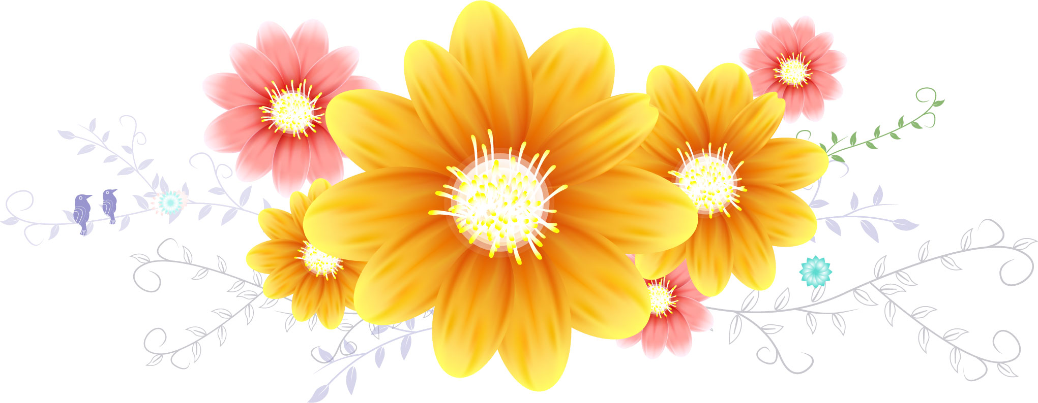 花のライン線イラスト-黄とピンクの花・鳥