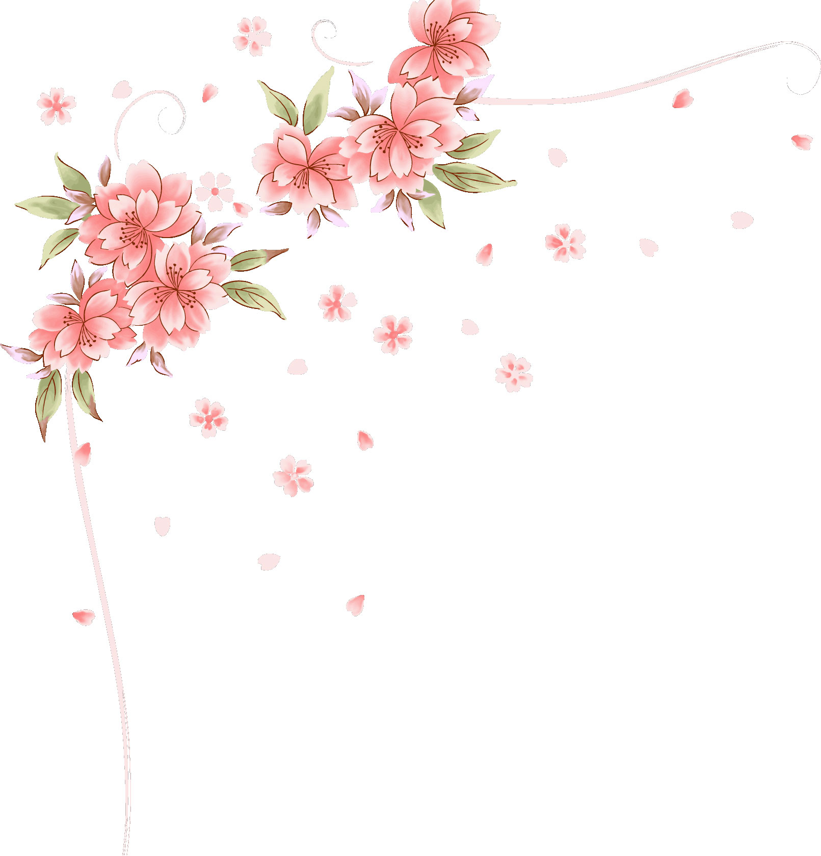 花のイラスト・フリー素材／コーナーライン・角-No.041『舞い散る花びら・左』