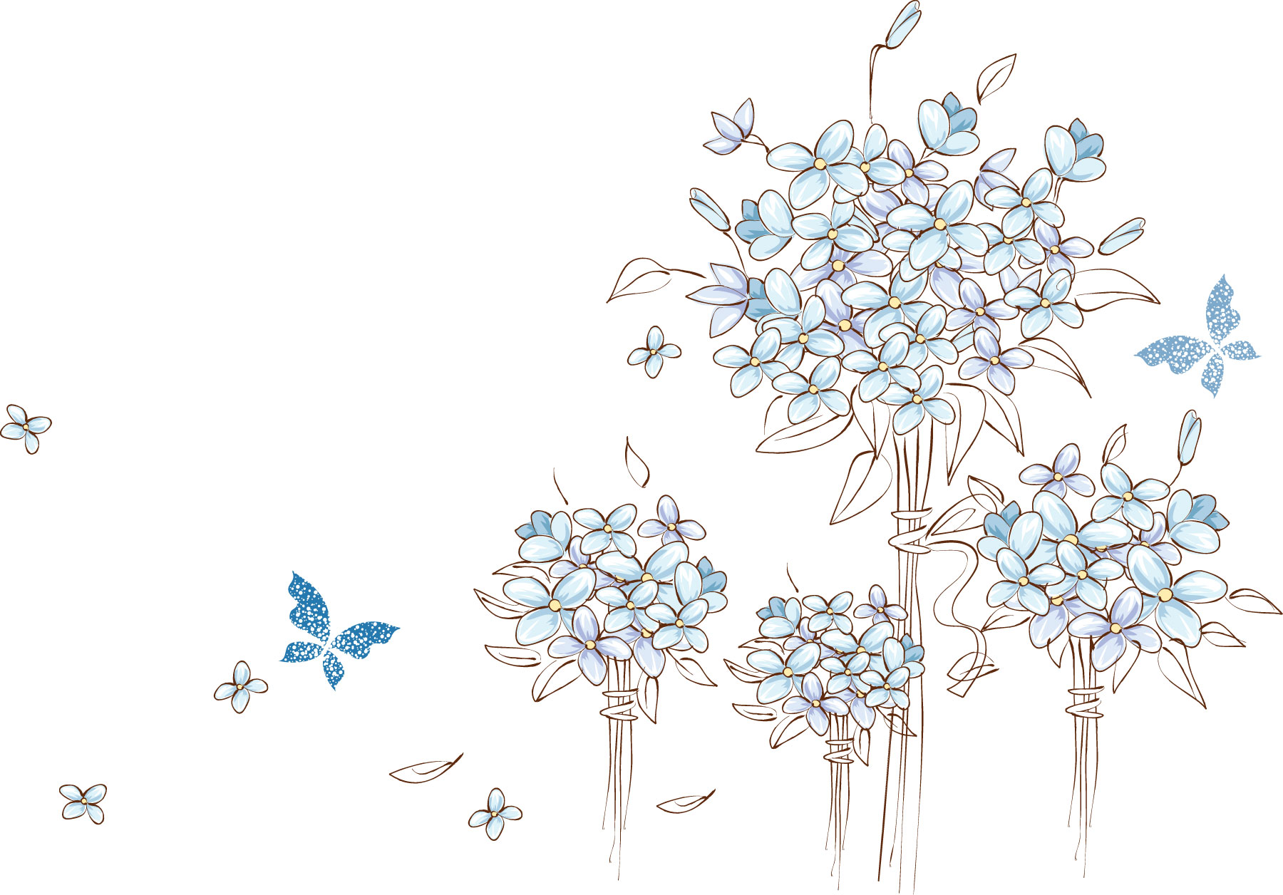 リアルな花のイラスト-青・蝶