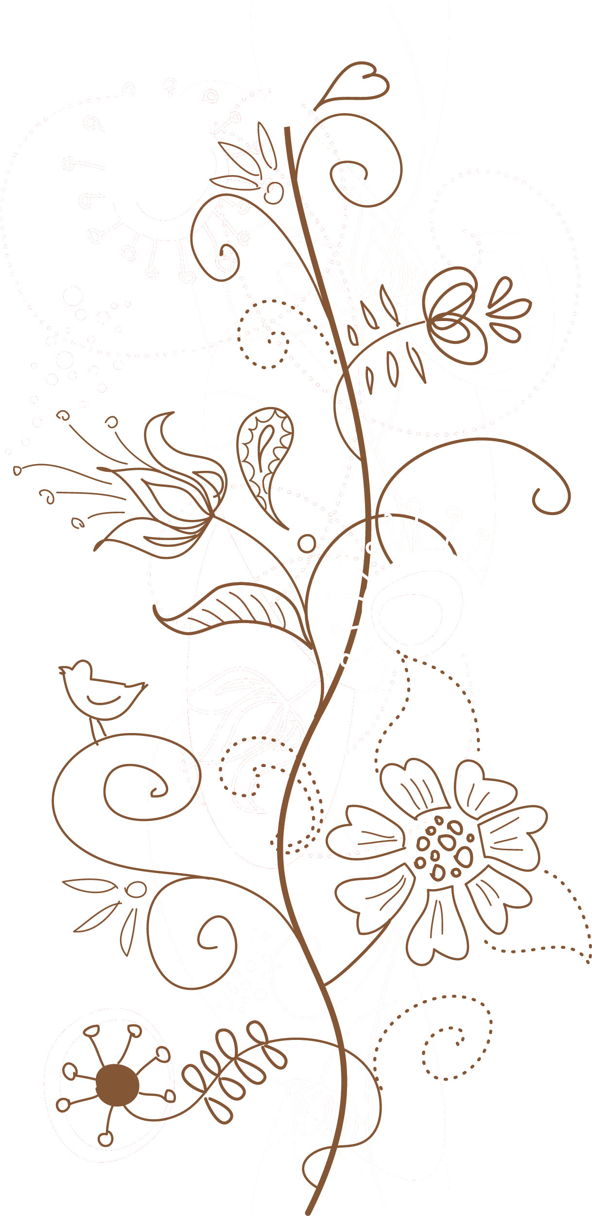 白黒の花のイラスト-茎葉・蔓・鳥