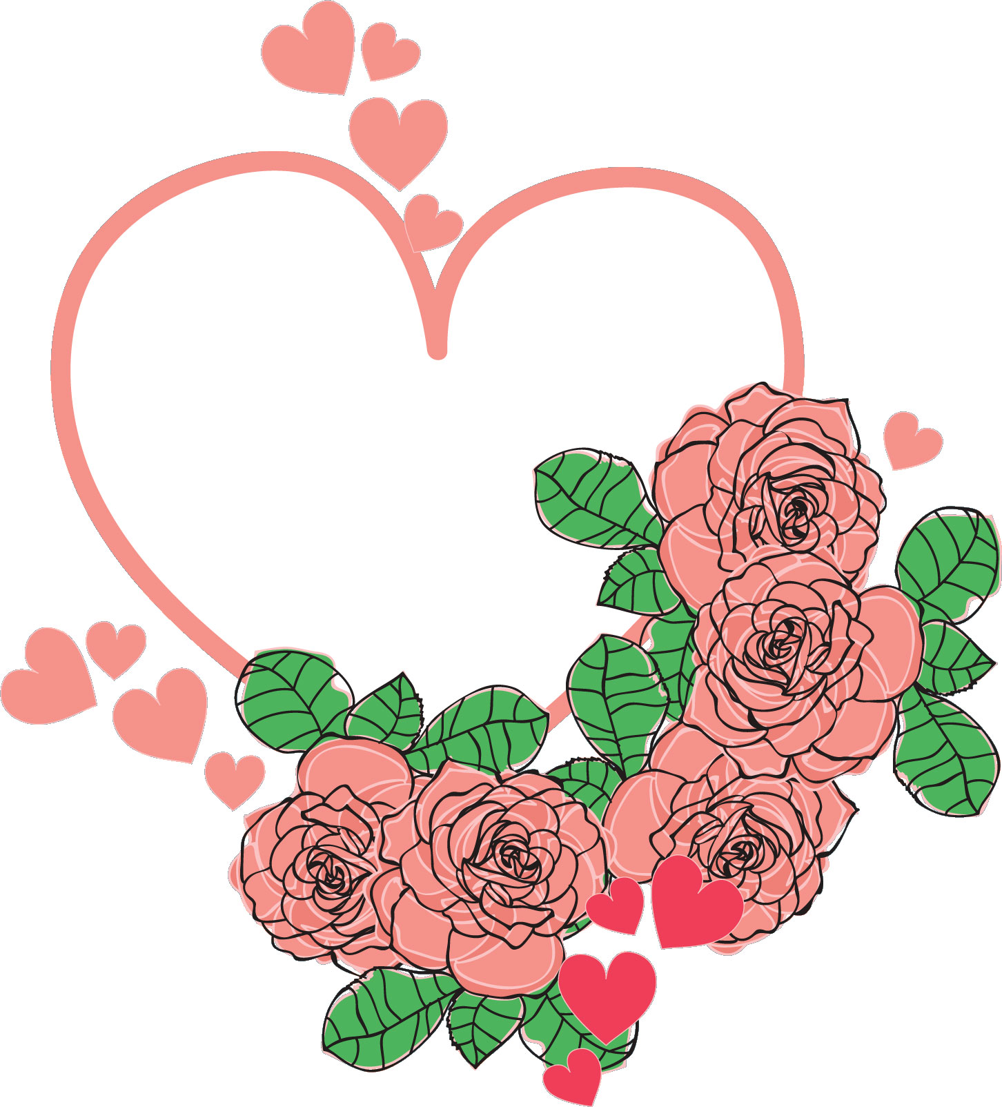 薔薇のイラスト見本-バラとハート・ピンク