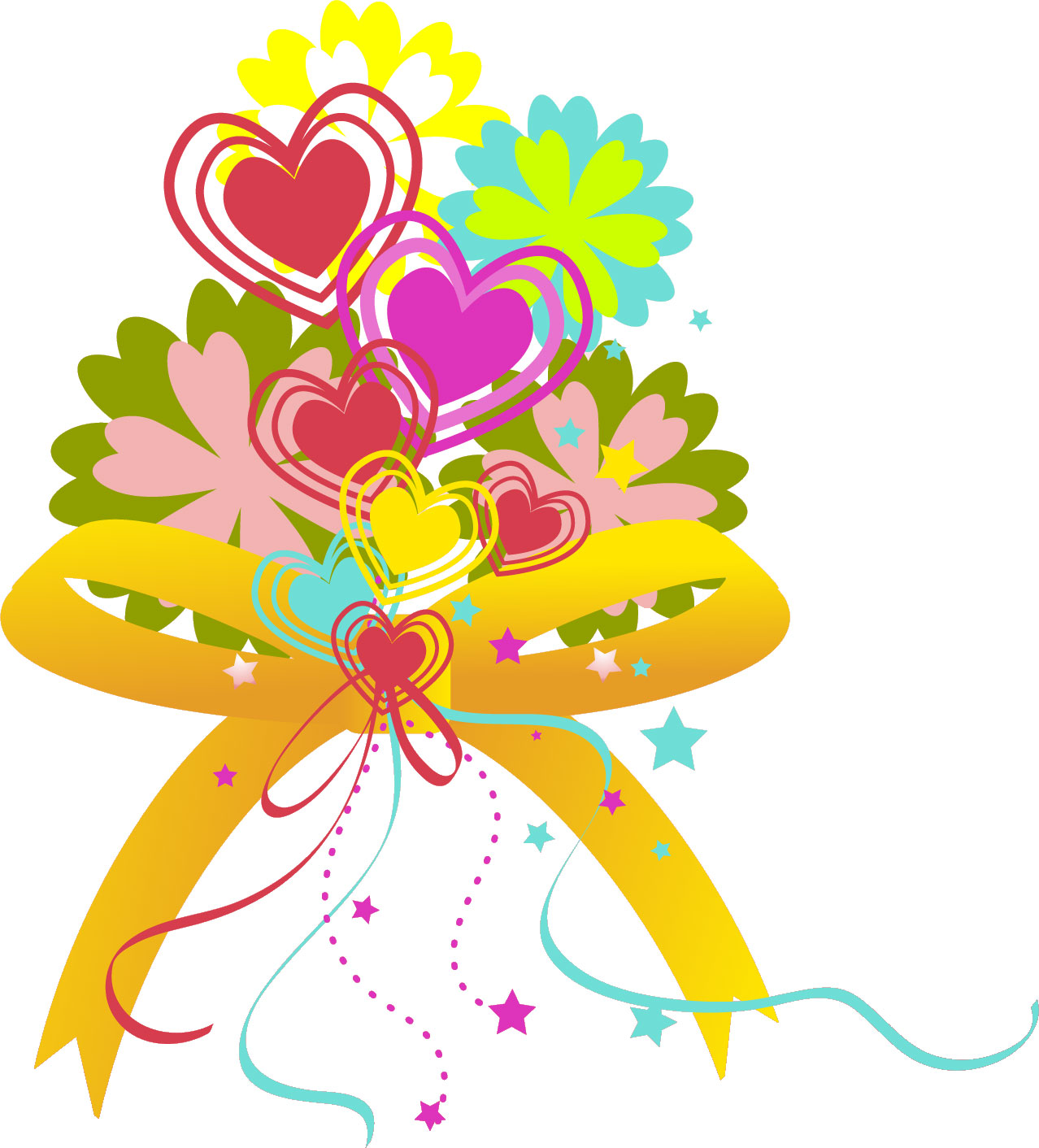 可愛い花のイラスト-三重ハート・リボン