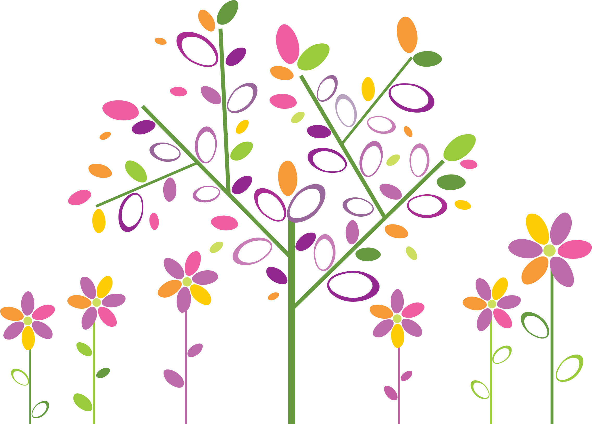 ポップでかわいい花のイラスト フリー素材 No 047 木と花々