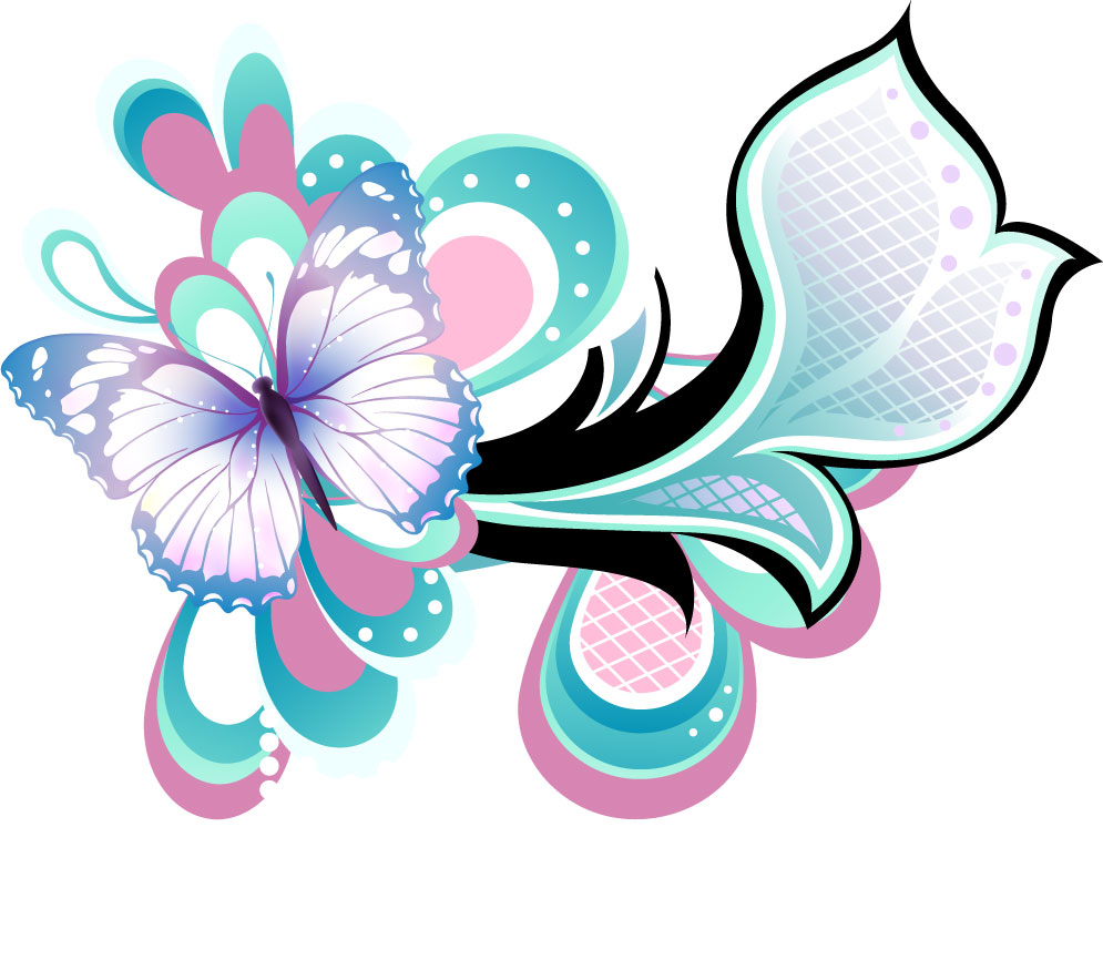 可愛い花のイラスト-格子状・葉と蝶