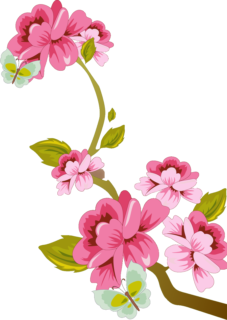 リアルタッチな花のイラスト フリー素材 No 1 赤 ピンク 枝葉 蝶